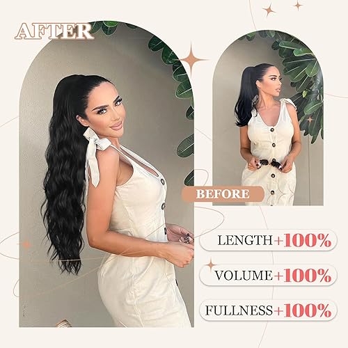 Miniatura 2 de FREEMEIGE Extensión de cola de caballo con cordón para mujer, cabello sintético negro de 26 pulgadas, extensión de cabello esponjoso para uso diario