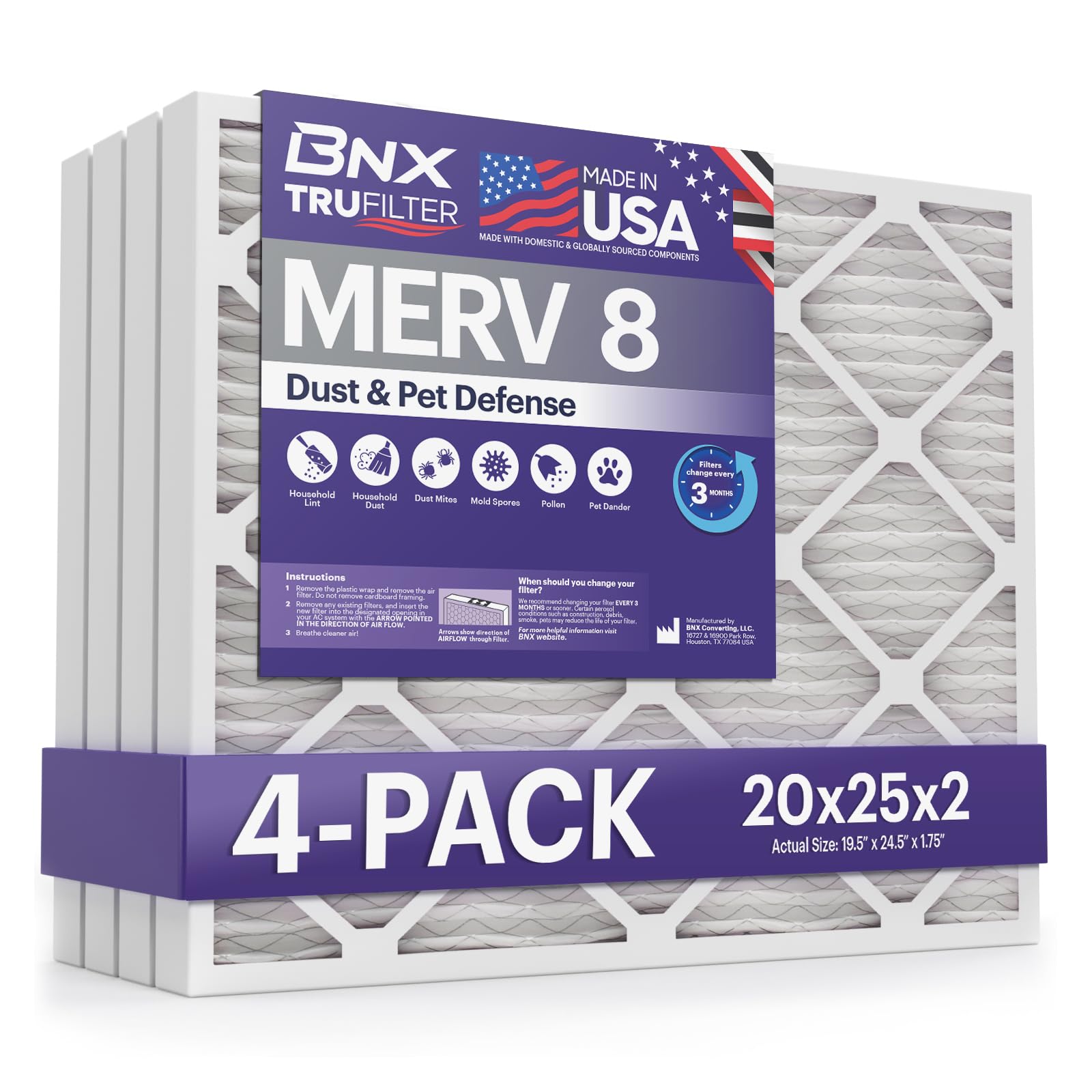 BNX TruFilter 20x25x2 Air Filter MERV 8 (4-Pack) - MADE IN USA – Dust &amp; Pet Defense Electrostatic Pleated Air Conditioner HVAC AC Furnace Filters for Dust, Pet, Mold, Pollen MPR 600 – 700 &amp; FPR 5