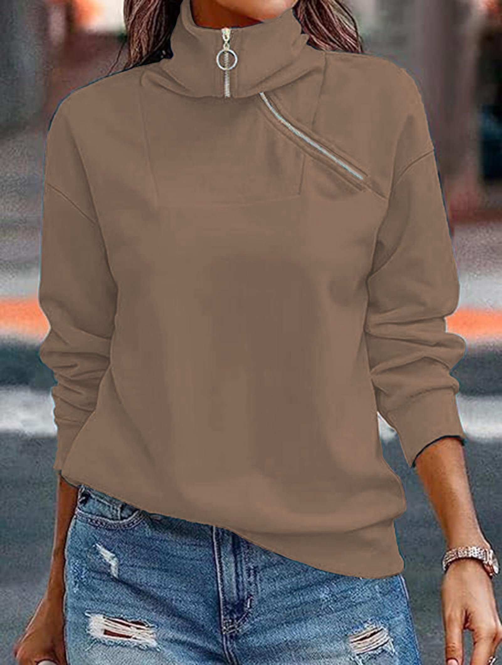 Cuptacc Felpa Donna Mezza Zip Scollo a V Maglia Donna Manica Lunga Casual Tinta Unita Autunno Camicia Donna Elegante