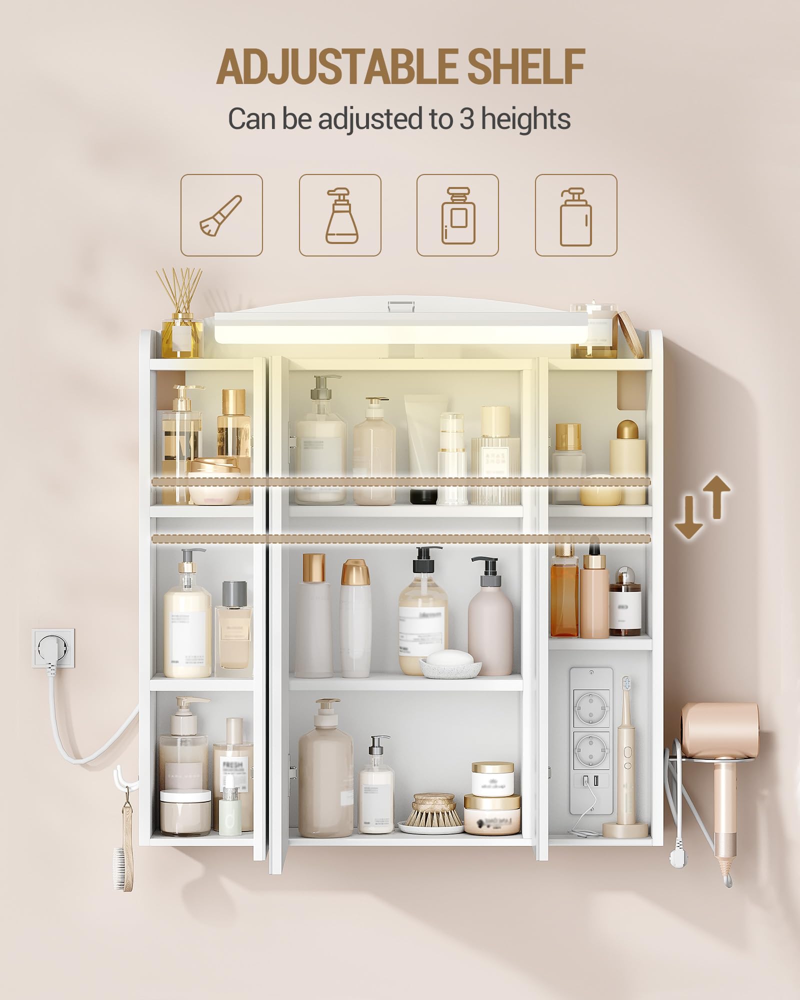 Hzuaneri Specchio Bagno Contenitore, Mobiletto a Specchio con LED e Presa Multipla 2AC+2USB, Porta Asciugacapelli e Ganci, Interruttore e Spina, Ripiani Regolabili, 16,5x70x75cm, Bianco MC00603XEU