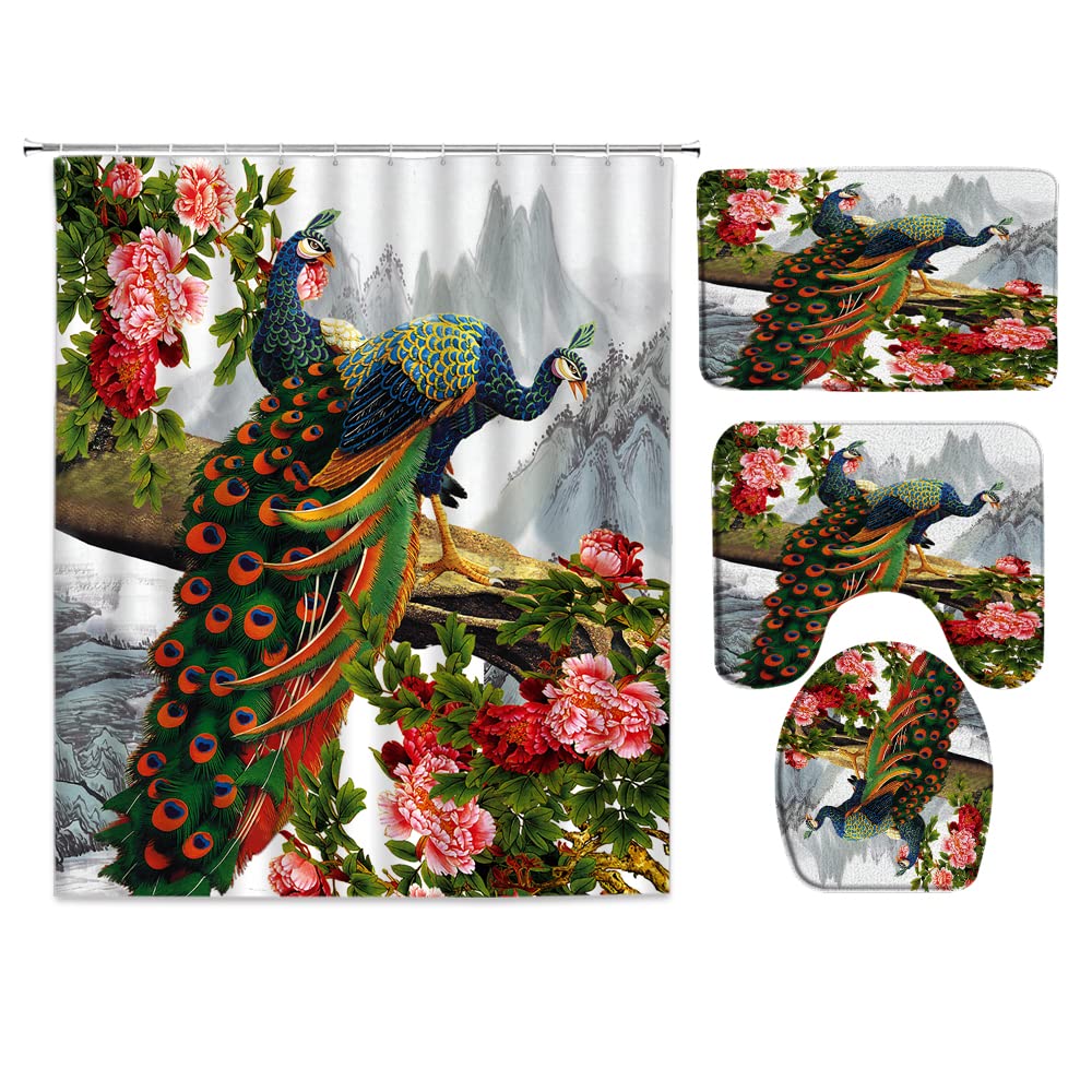 Yadshoti Peacock Bath Rugs Beautiful Flower Bird Peony Floral Plant Scenery Polyester Curtain and Flannel Non-Slip Rug Toilet Lid Cover U Shape Mat 4pcs/Set