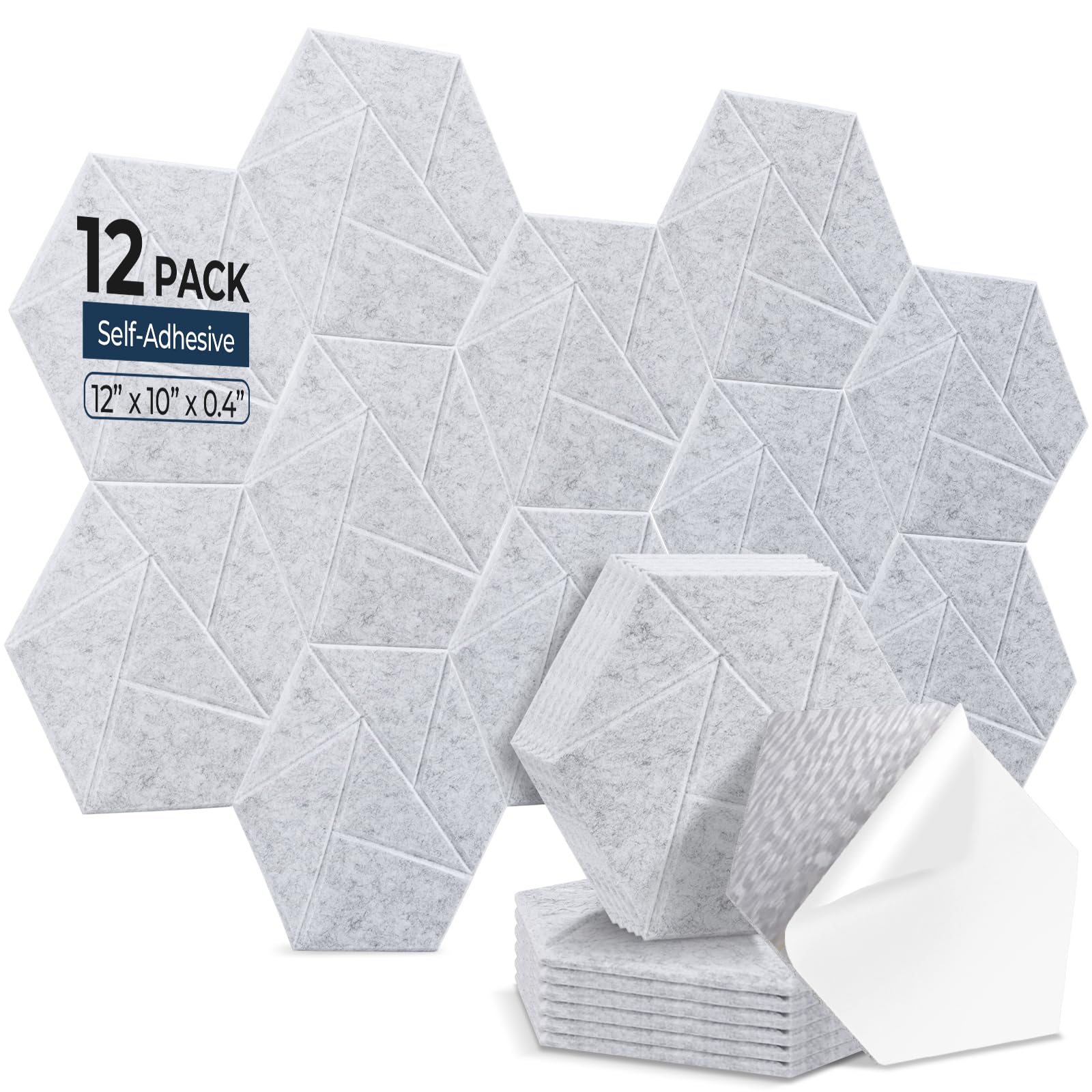 Paquete de 12 paneles acústicos hexagonales – Paneles de pared insonorizados de alta densidad, paneles de pared acústicos autoadhesivos de 12 x 10 x 0.4 pulgadas para el hogar, estudio, oficina
