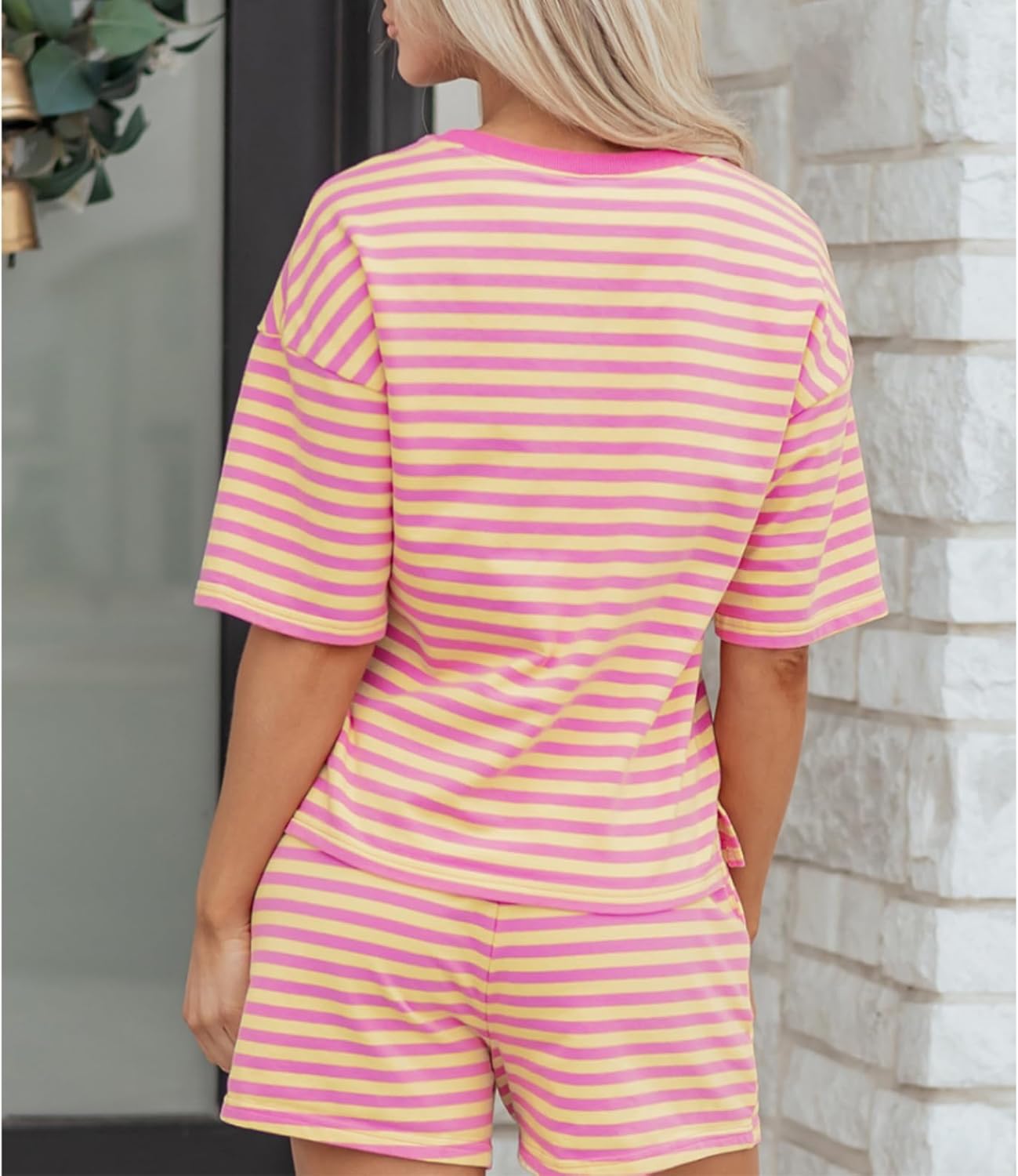 Womens Lounge Two Pieces Sets Summer Striped Matching Pajamas Set Short Sleeve Tshirts Drawstring Shorts Outfits