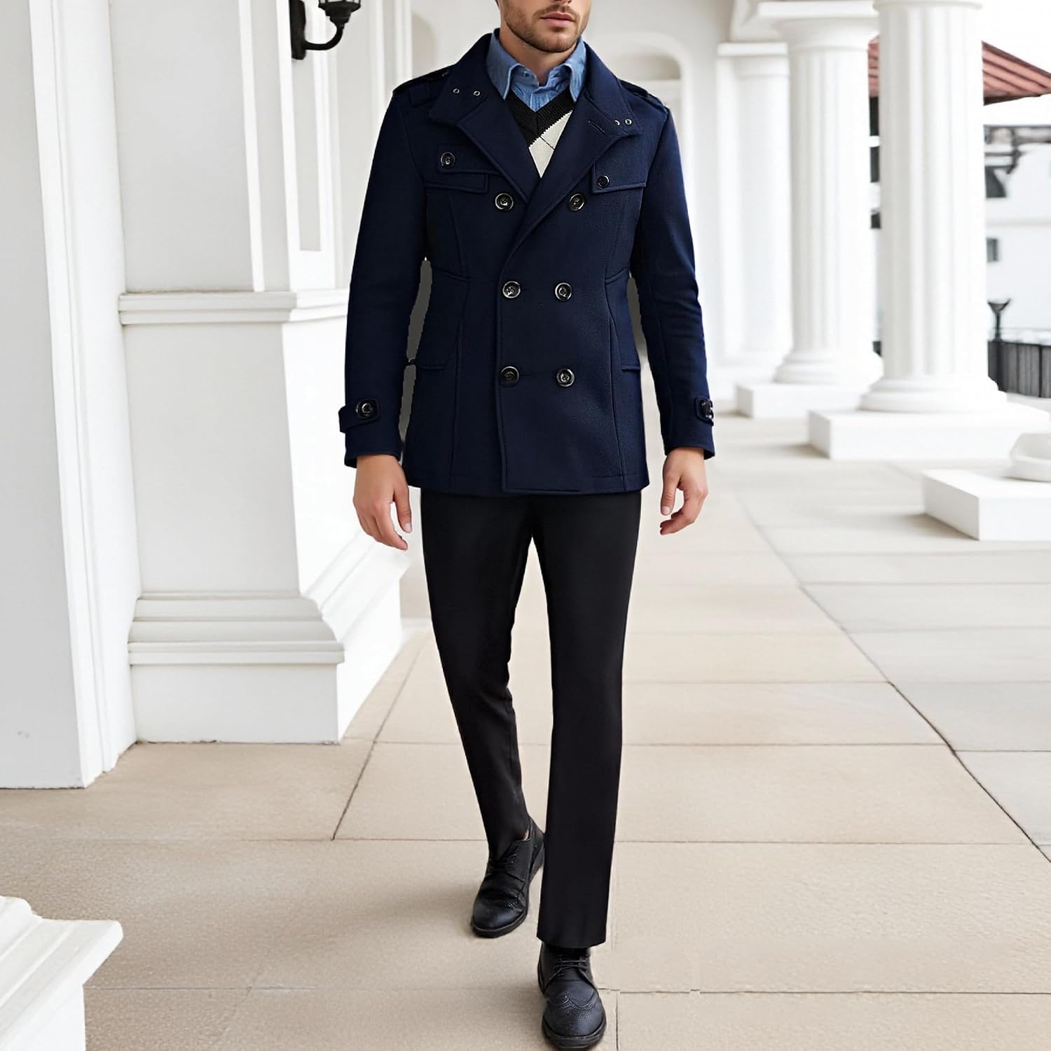 Maiyifu-GJ Men's Wool Blend Trench Coat Stand Collar Double Breasted Wool Pea Coats Casual Slim Fit Business Jacket Overcoat