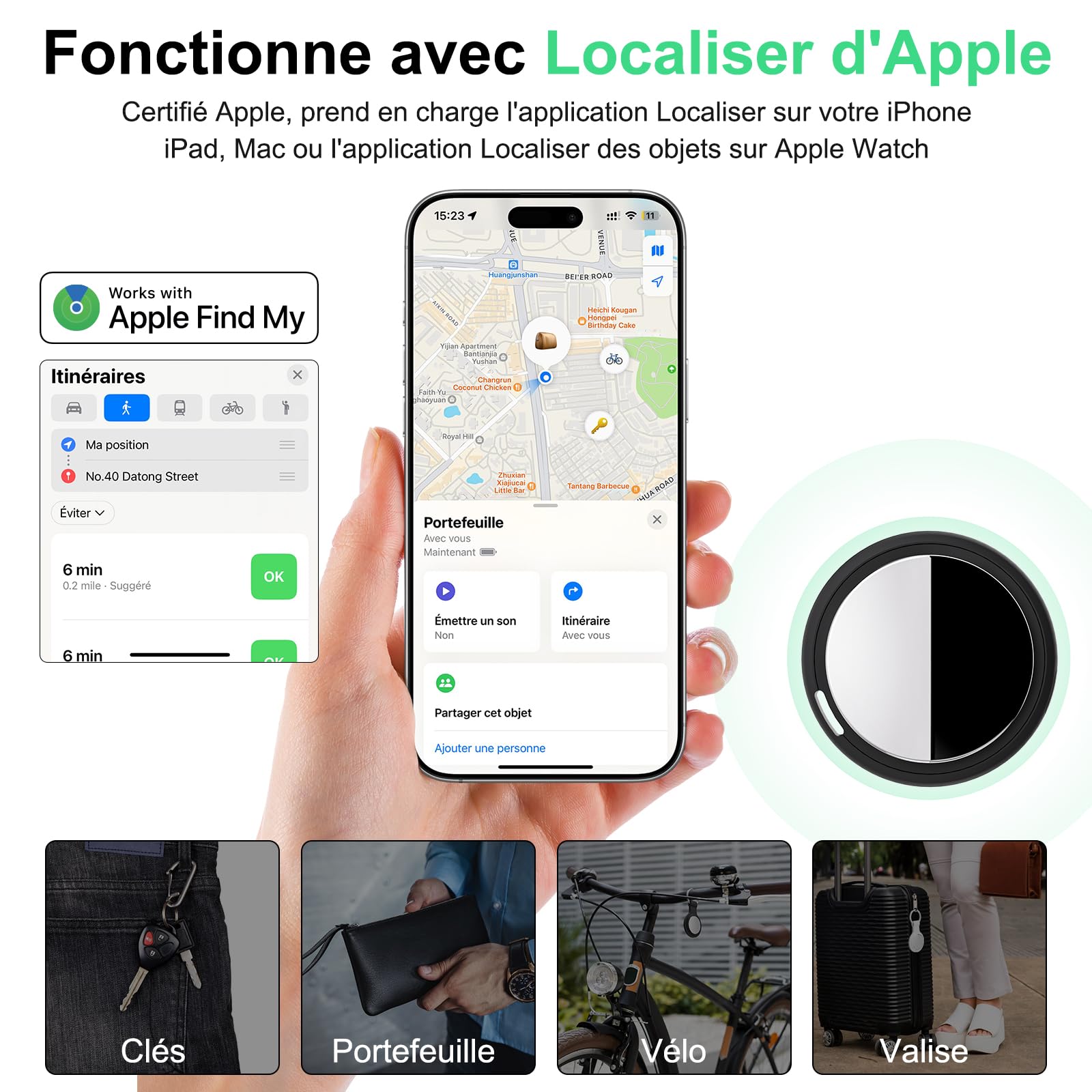 Air Tracker Tag Fonctionne avec Apple Localiser Find My (iOS Uniquement) Comprend Batterie de Secours, Traceur d'objets pour Clés, Portefeuille, Bagages, Sacs, Voiture (Noir, Lot de 4)
