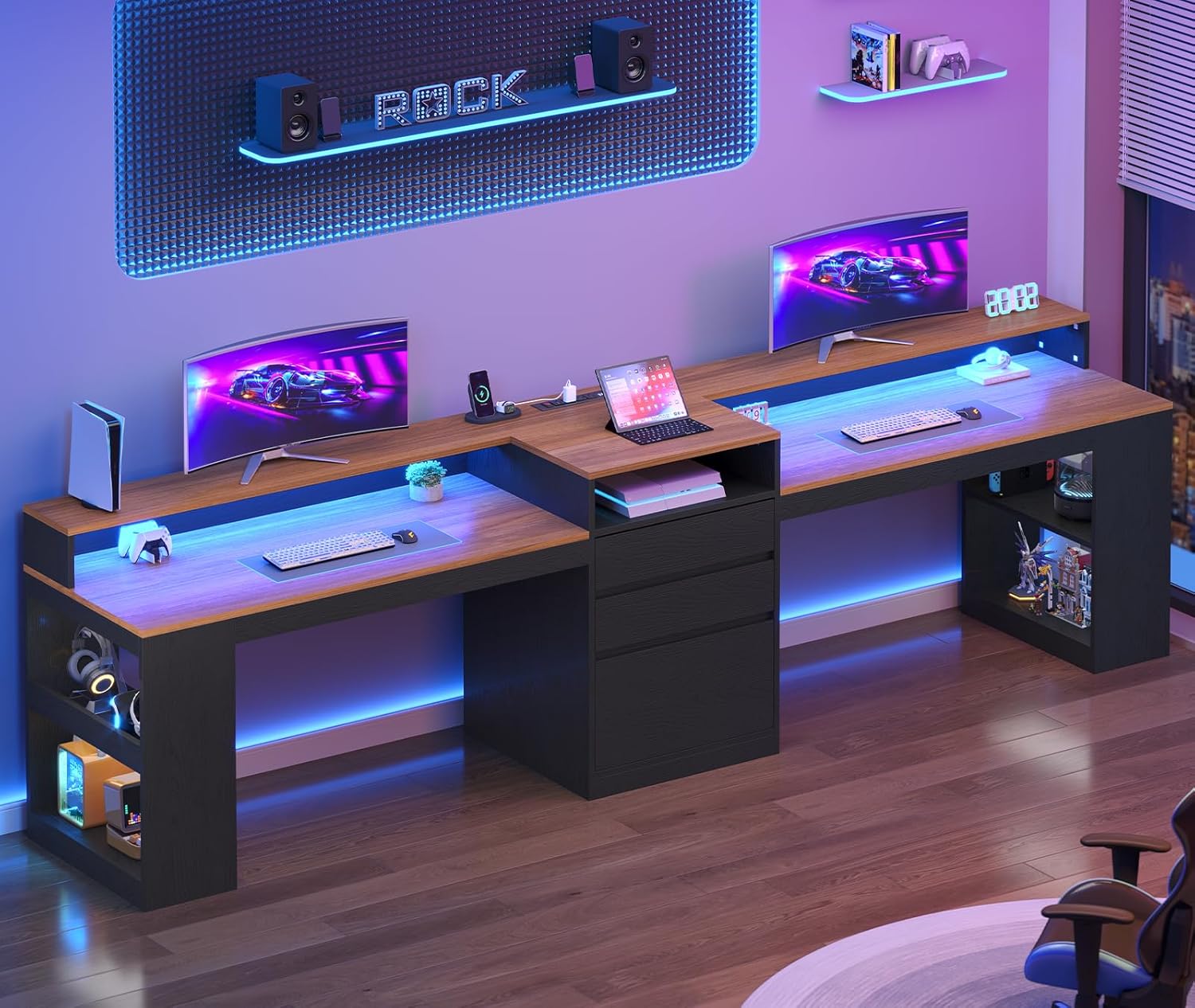 96.6" Long Computer Desk, 2 Person Desk with LED Lights & Power Outlet, Modern Two Person Gaming Desk with File Drawers, Monitor Stand, Printer Shelf ＆ Storage, Double Table for Home Office Black