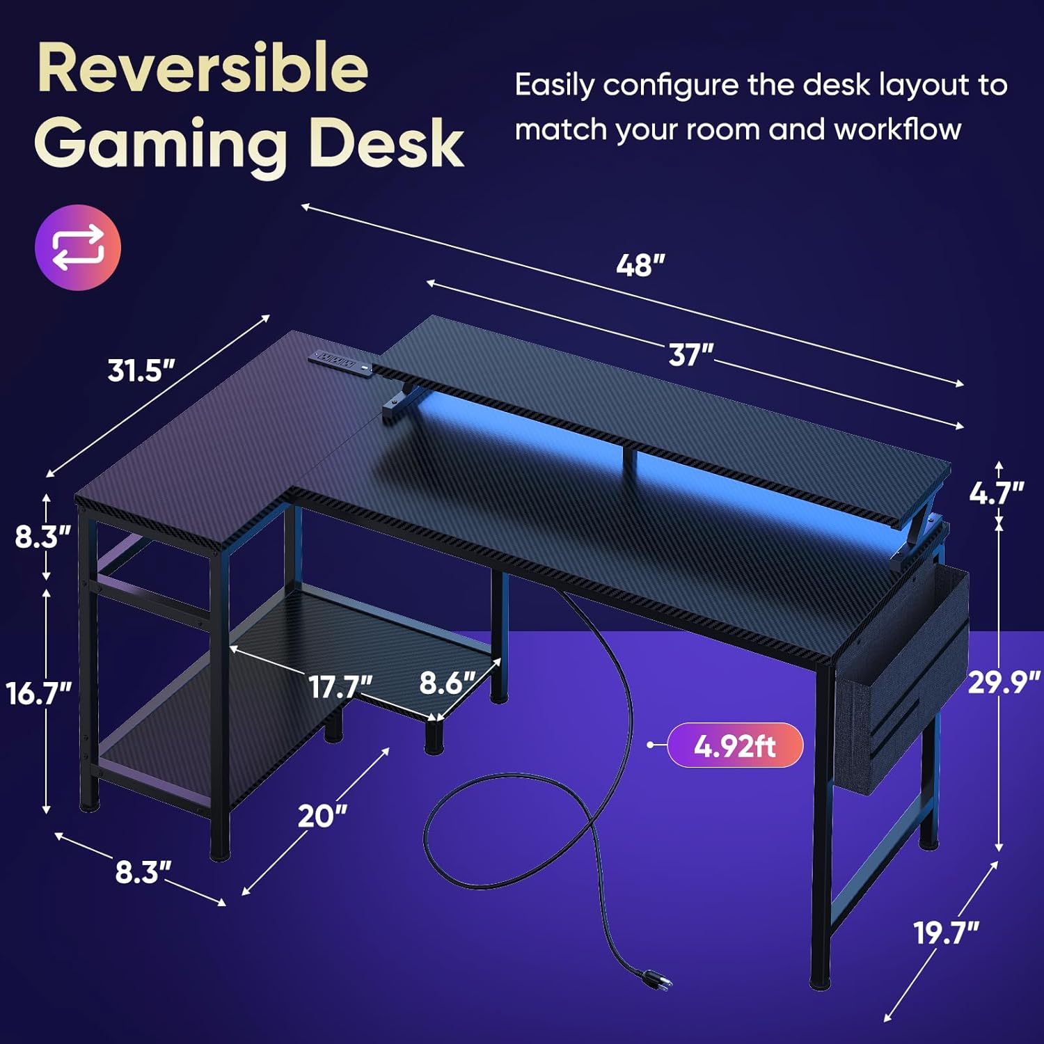 Ging Desk, puter Desk with USB Charging Ports, Power Outlets,