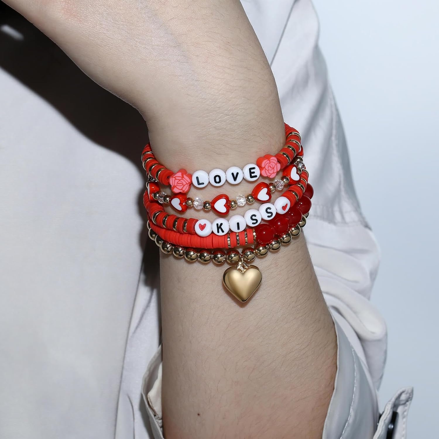 Beaded Heishi Stackable Stretch Bracelet with Love Heart Charm Valentine's Day Holiday Jewelry Gift for Women - Image 6