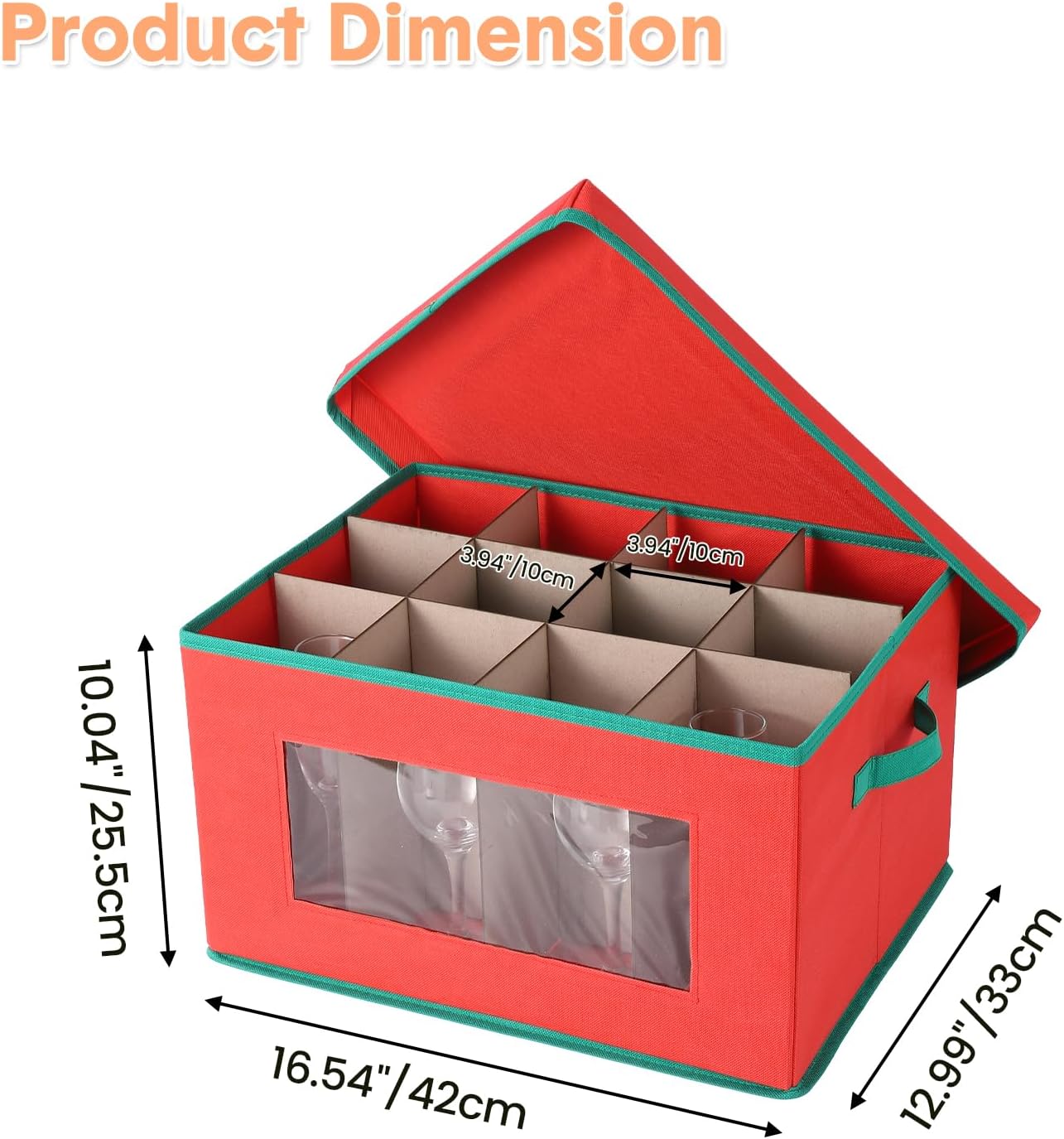 Garvee 3 Pack Wine Glass Storage Boxes with Dividers, 12-Compartment Stemware Organizers with Lid, Handle & Clear Window, China Storage Containers for Glassware, Wine Glasses, Drinkware, Red