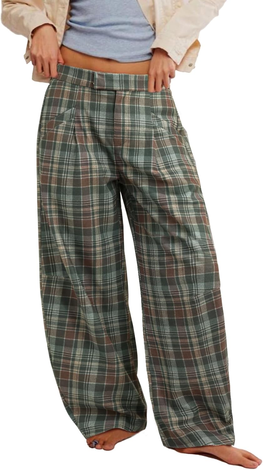 Kedera Women Vintage Tartan Plaid Print Wide Leg Pants High Waisted Baggy Trousers Casual Business Work Slacks