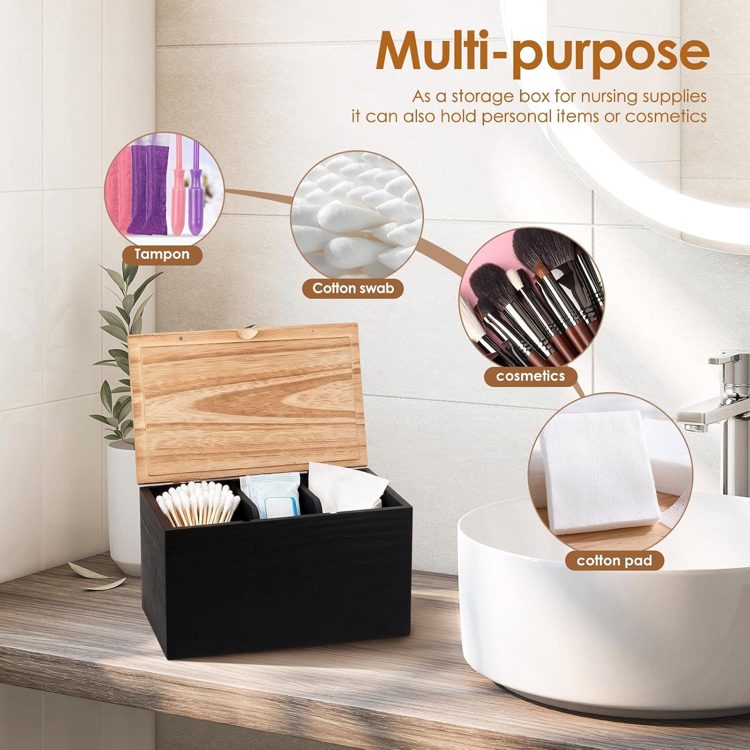 Tampon Holder for Bathroom, Wood Feminine Product Organizer, Farmhouse Feminine Pad Storage with Lid and 2 Removable Dividers, Lady Girl Stuff Organizer for Feminine Products Privacy (Black)