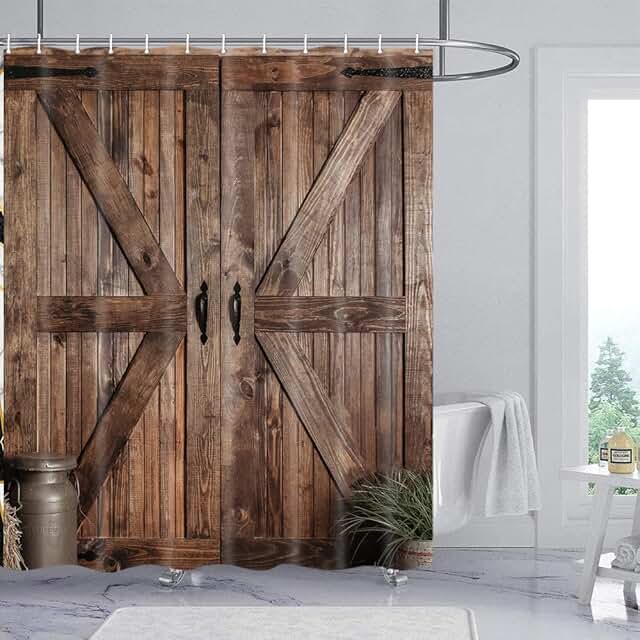 Rustic Barn Door Shower Curtain Set for Bathroom, Farmhouse Western Bath...