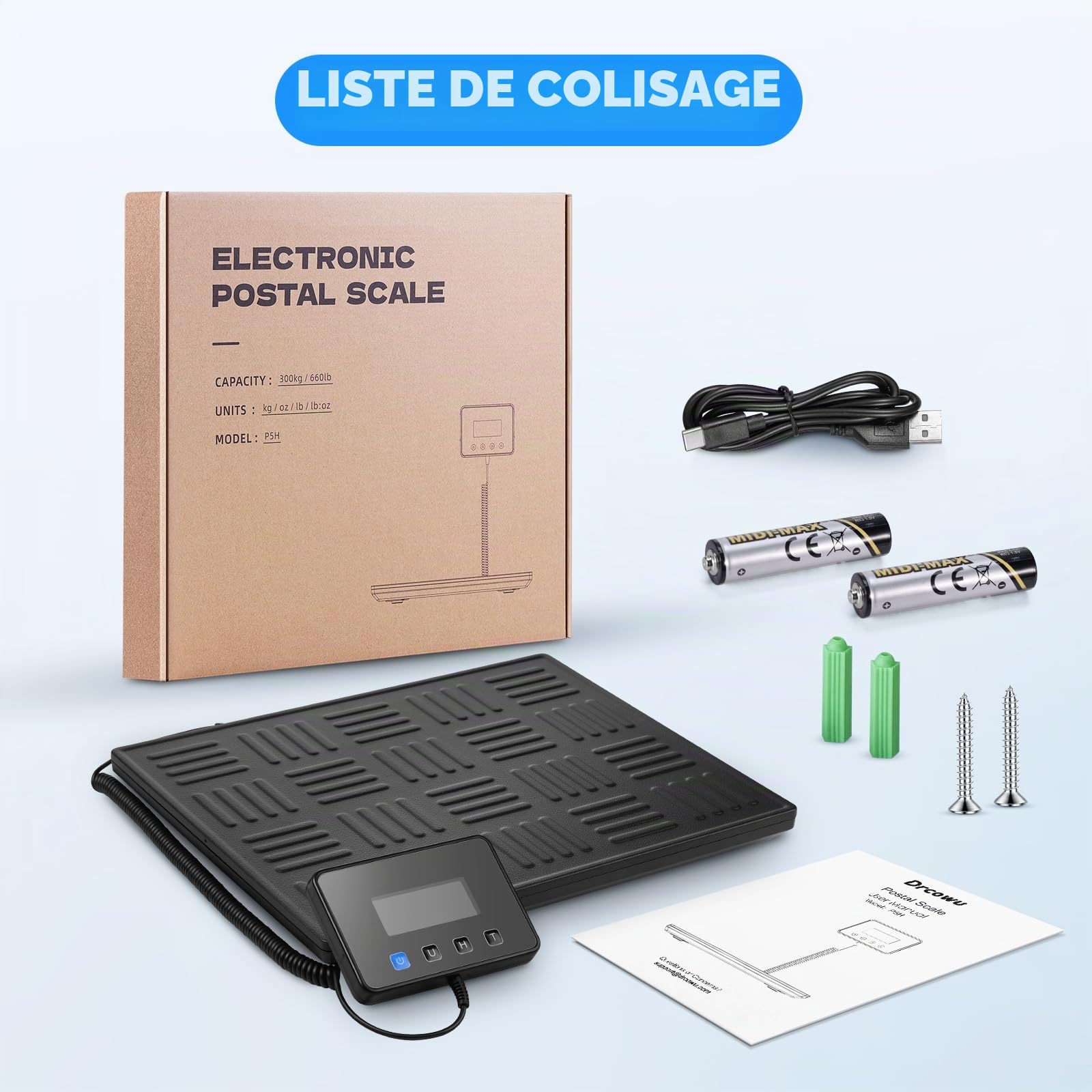 Balance Colis Numérique 300kg, Balance Postale Précise avec Fonction Tare, Grand Plateau et Écran LCD, Idéale pour Petites Entreprises, Précision Pèse Colis, Balance d'Expédition Robuste