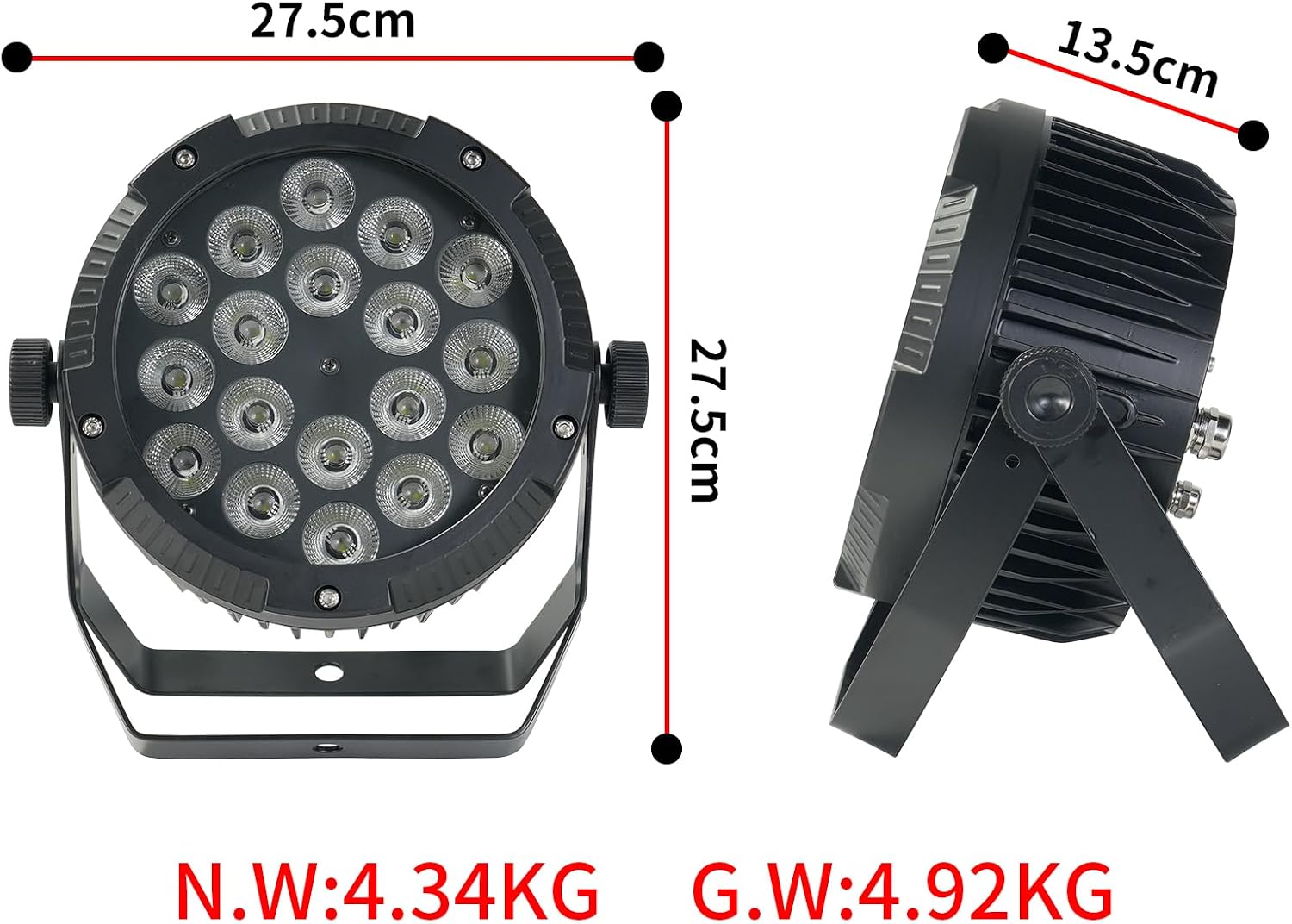 Diagram showing the dimensions of the Iverens LED Par Light: 27.5cm length, 27.5cm width, and 13.5cm depth.