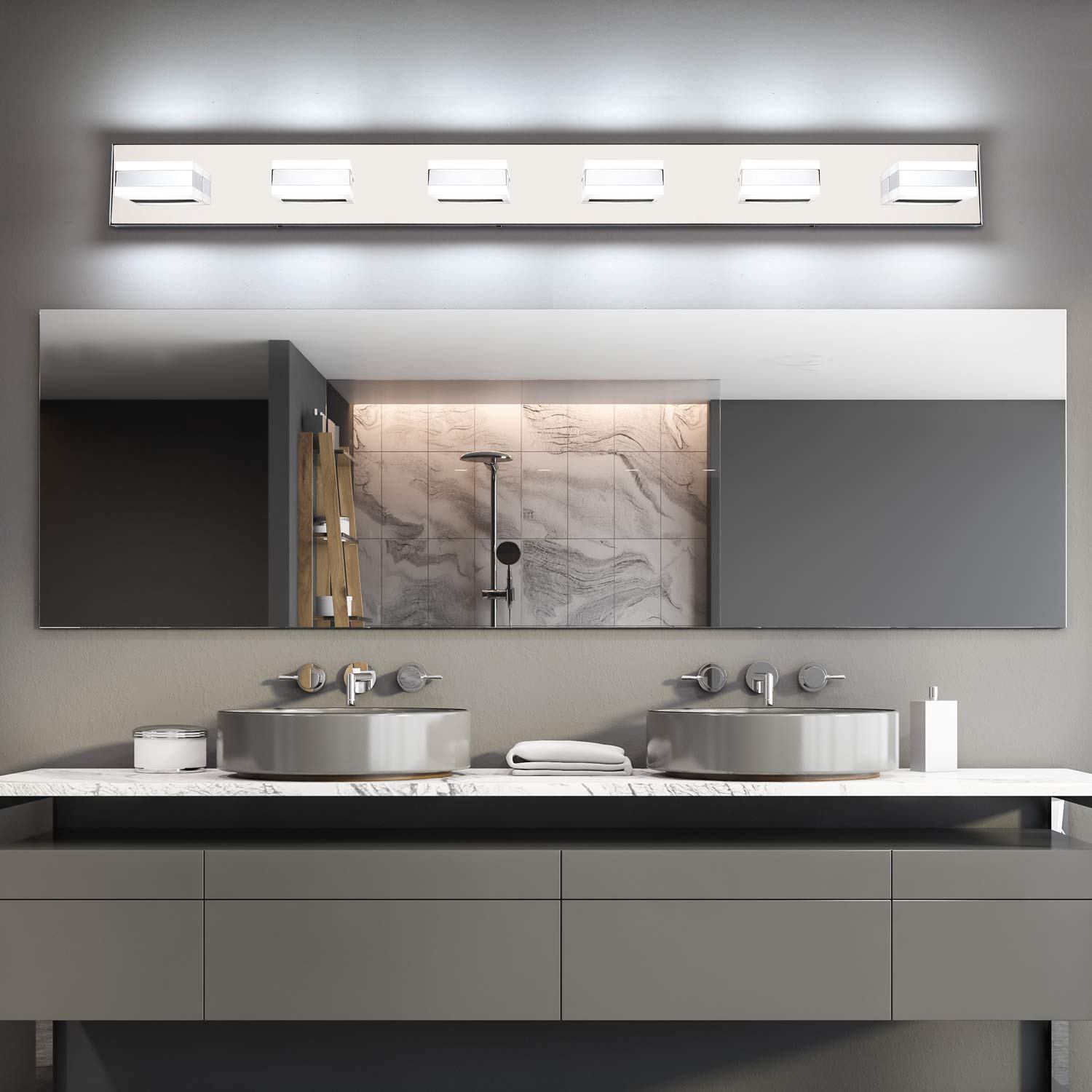 SOLFART 6 Light Modern LED Vanity Lights Over Mirror Chrome Bathroom Lighting Fixtures 45.3 Inch S8568-ND