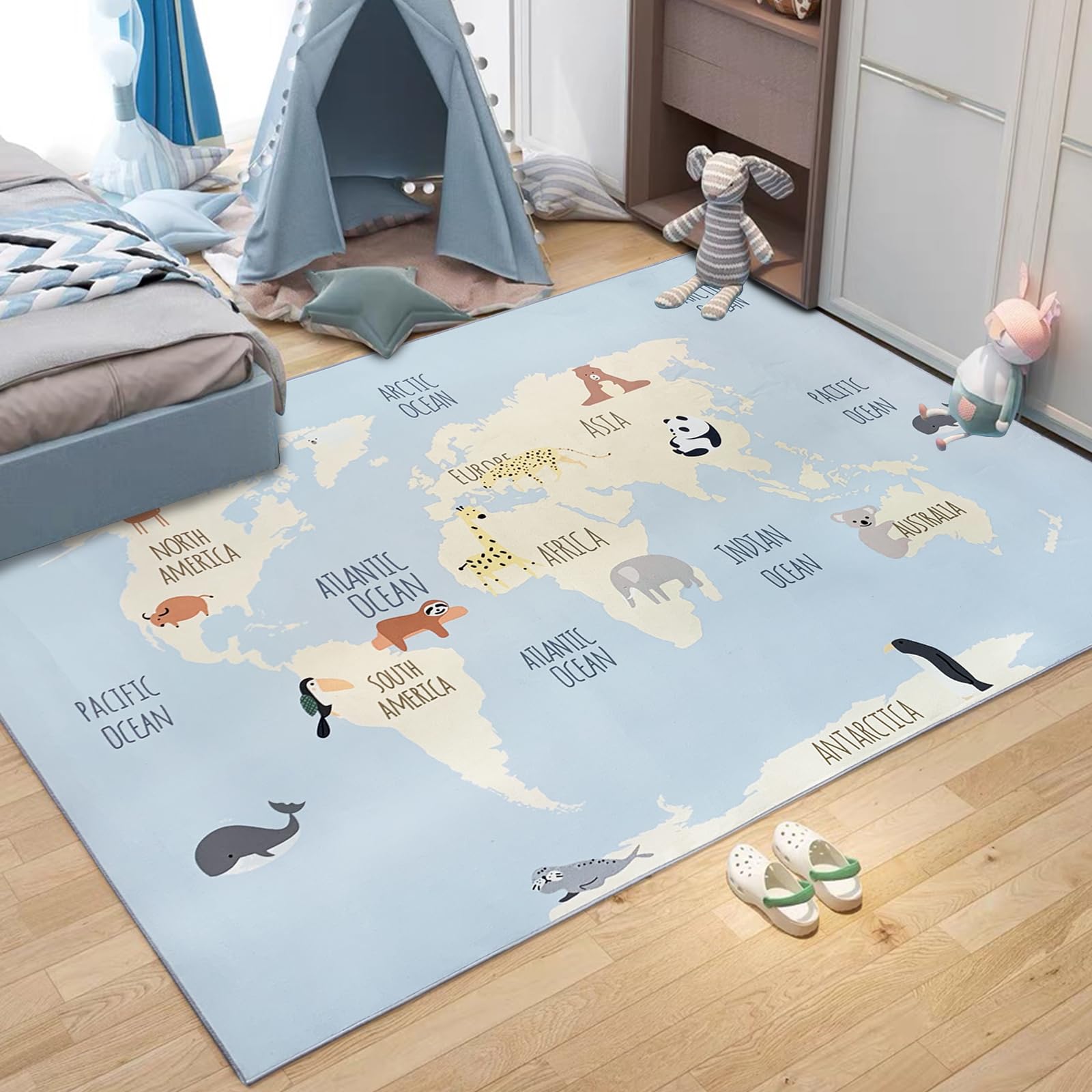 USTIDE Alfombra infantil con mapa del mundo, alfombra educativa de animales para niños y niñas, lavable a máquina, para sala de estar, dormitorio, sala de juegos, 120 x 180 cm (azul)