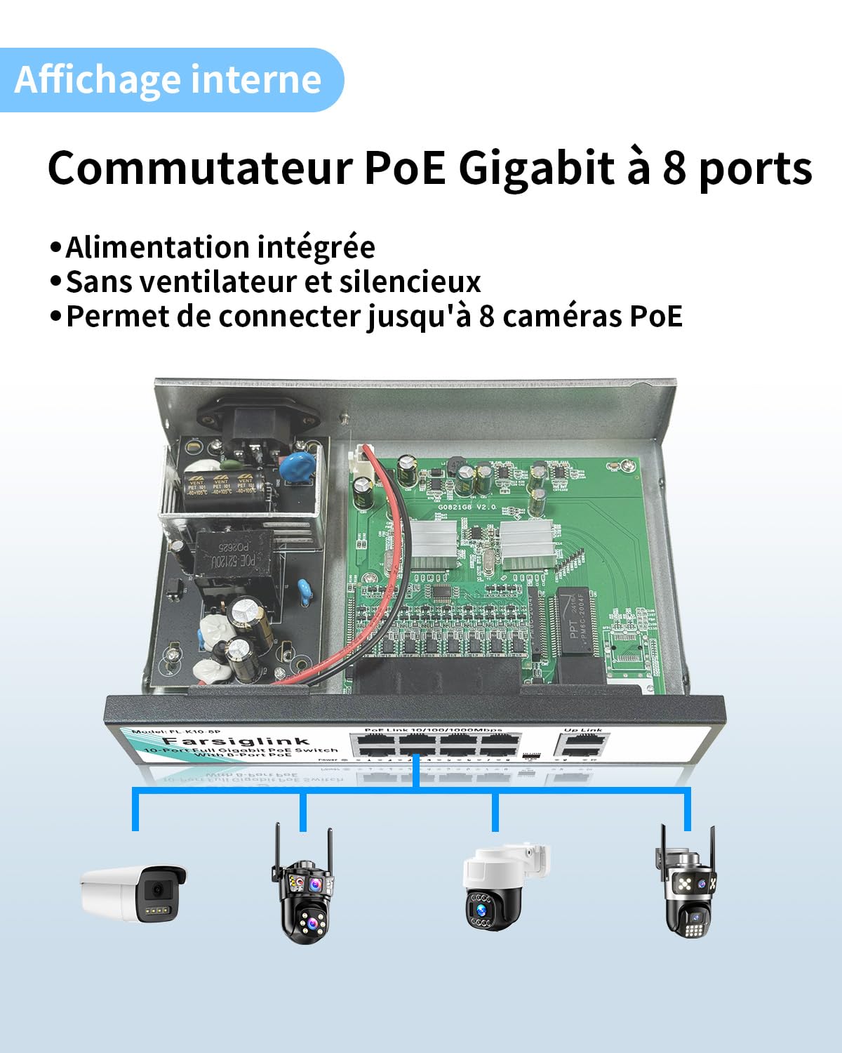 Switch PoE 8 Ports Gigabit, 8 PoE+ 120 W, 2 Uplinks Gigabit, Plug & Play