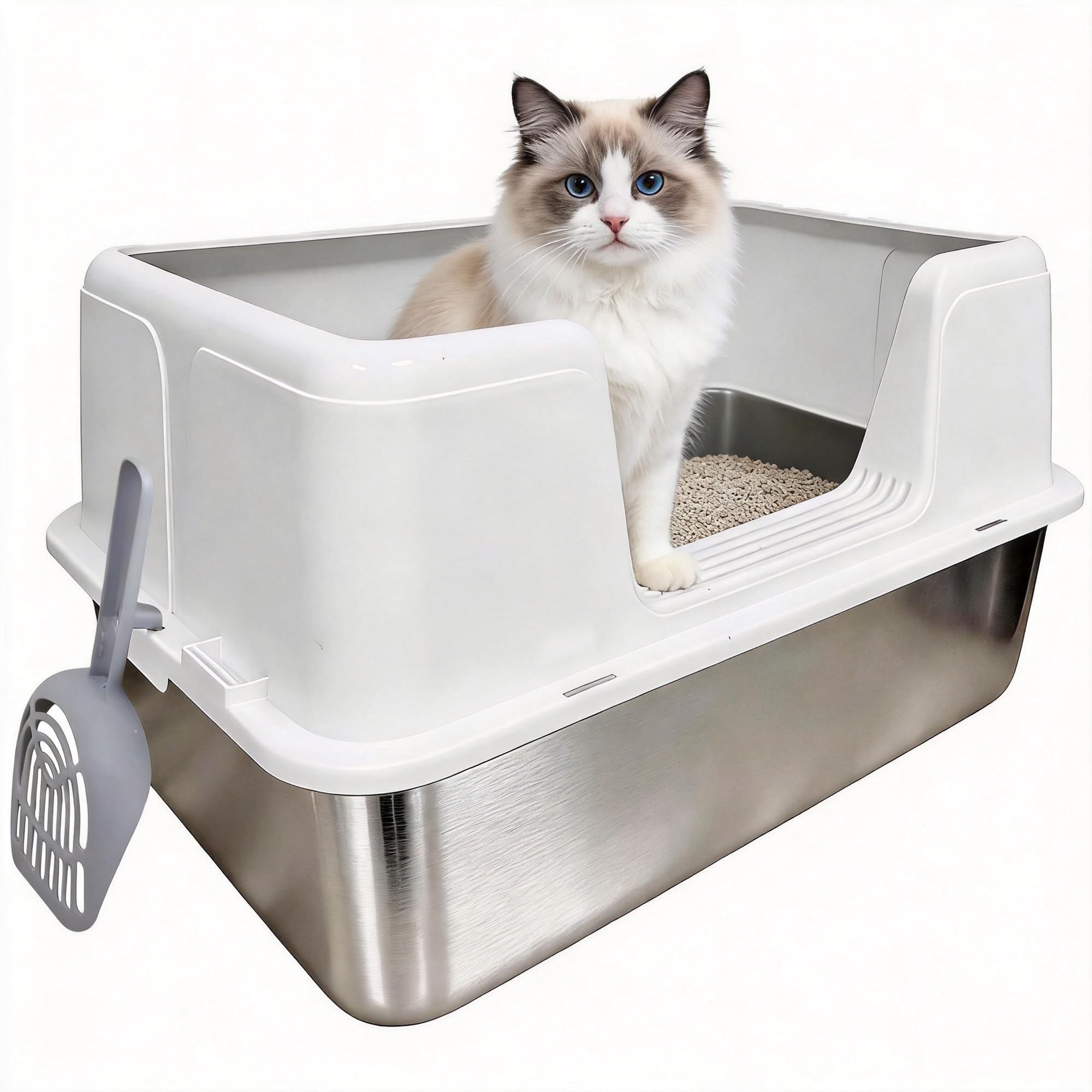 Stainless Steel Cat Litter Tray XL with Lid 50L Extra Large Metal Litter Box for Big Cats 60x40x31.5cm High Sided Include Scoop Non-Stick Easy Clean Leak-Proof Anti-Splash (White)