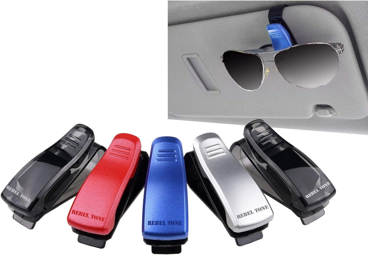 Sun Glasses/Glasses Holders for Car Visors - 5 Pack - Multicolor - Perfect Storage Organizer - Easy Clip On System - Also Ideal for Holding Cards - with Rebel Tone Cleaning Cloth and Retail Pack