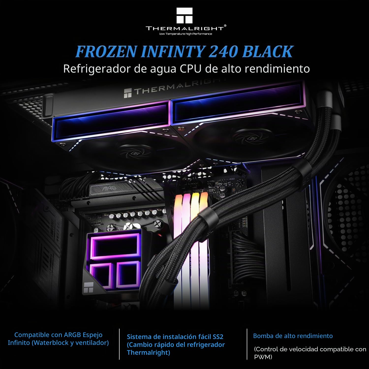 TR Frozen Infinity 240 NEGRO, ventiladores dobles PWM 2000 rpm, enfriador de procesador AIO para AM4/AM5 e Intel LGA1150-1200/2011/1700/1851, enfriador de agua