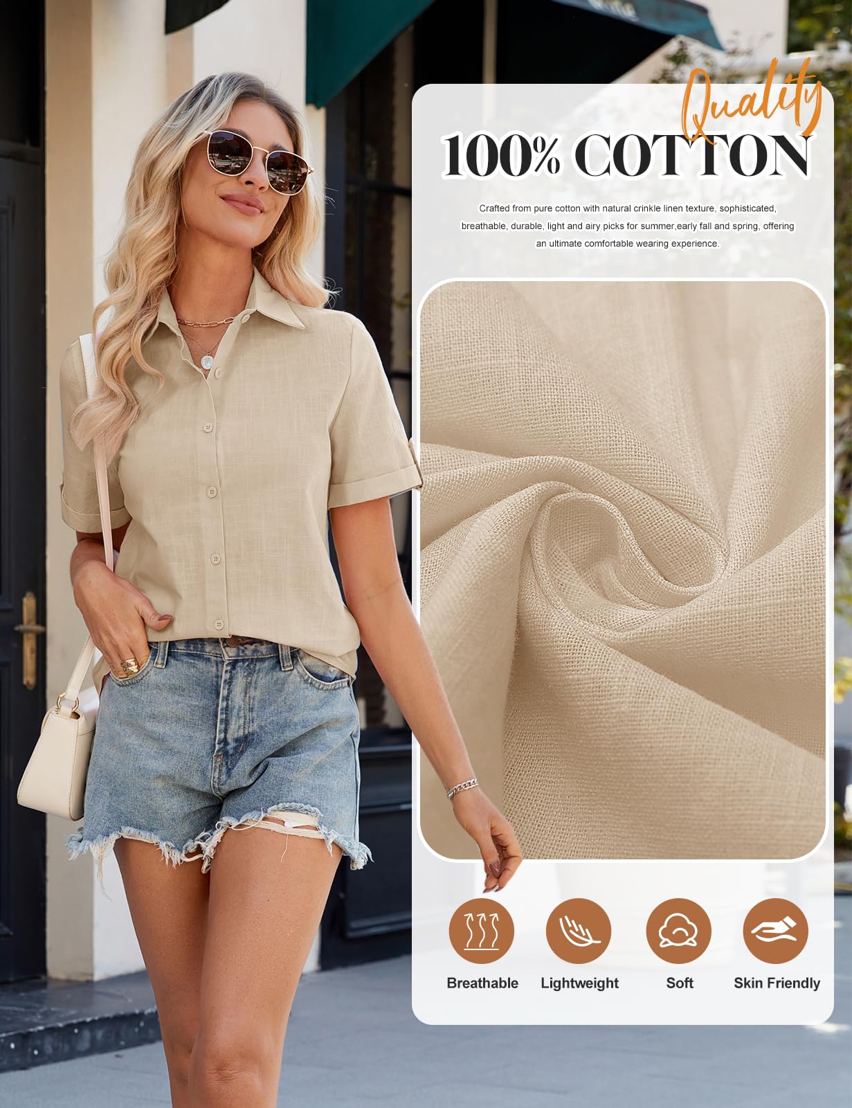 UMIPUBO Camicia Donna Cotone Estiva Elegante Manica Corta Scollo a V con Chiusura a Bottoni Versatile Casual Lavoro Morbida Traspirante Camicetta Top