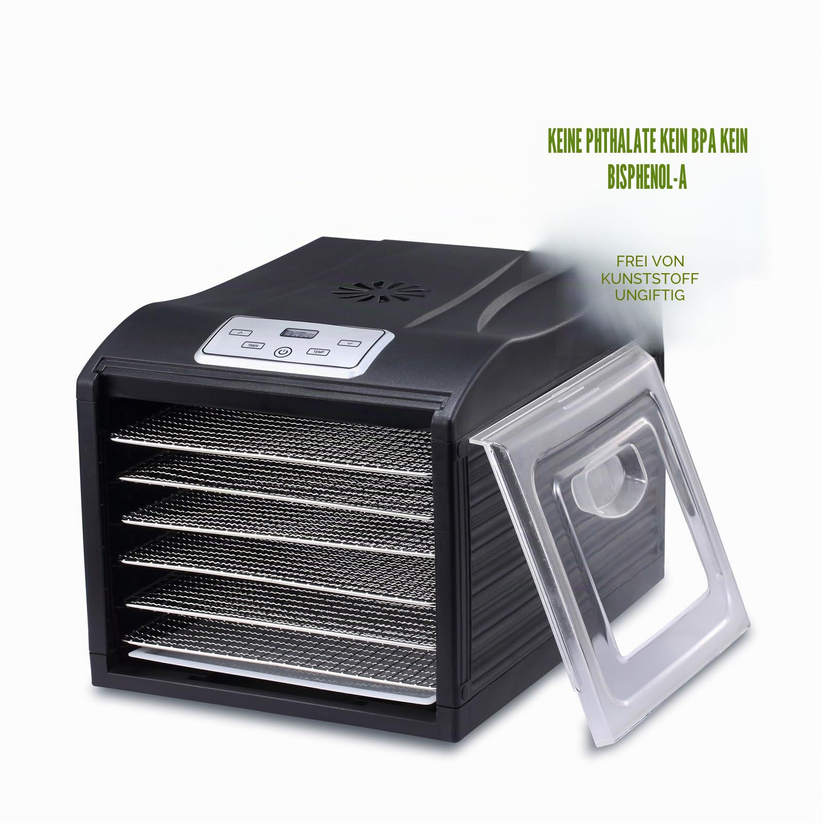 BioChef Arizona Sol Dörrautomat/Dörrgerät mit 6 Einschüben aus Edelstahl PLUS Digitaler Timer + Thermostat, 1 x Anti-Haft Folie, 1 x feinmaschigen Einlegematte, 1 x Auffangblech (Schwarz)
