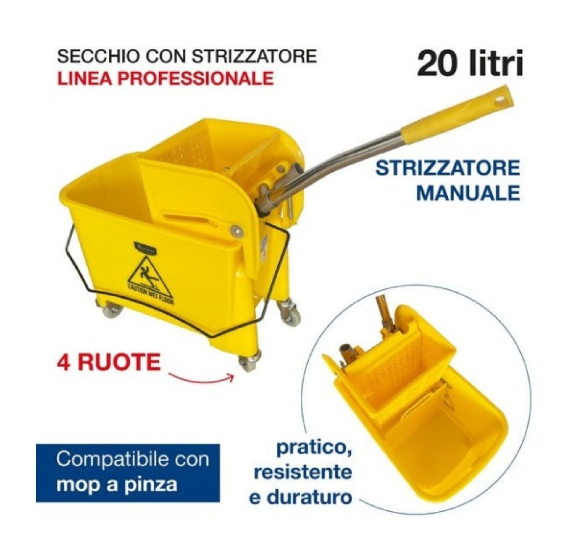 Carrello Mocio Professionale in Plastica, Giallo, 60x70,5 cm, con Strizzatore Integrato e Pannello Divisorio, 20L