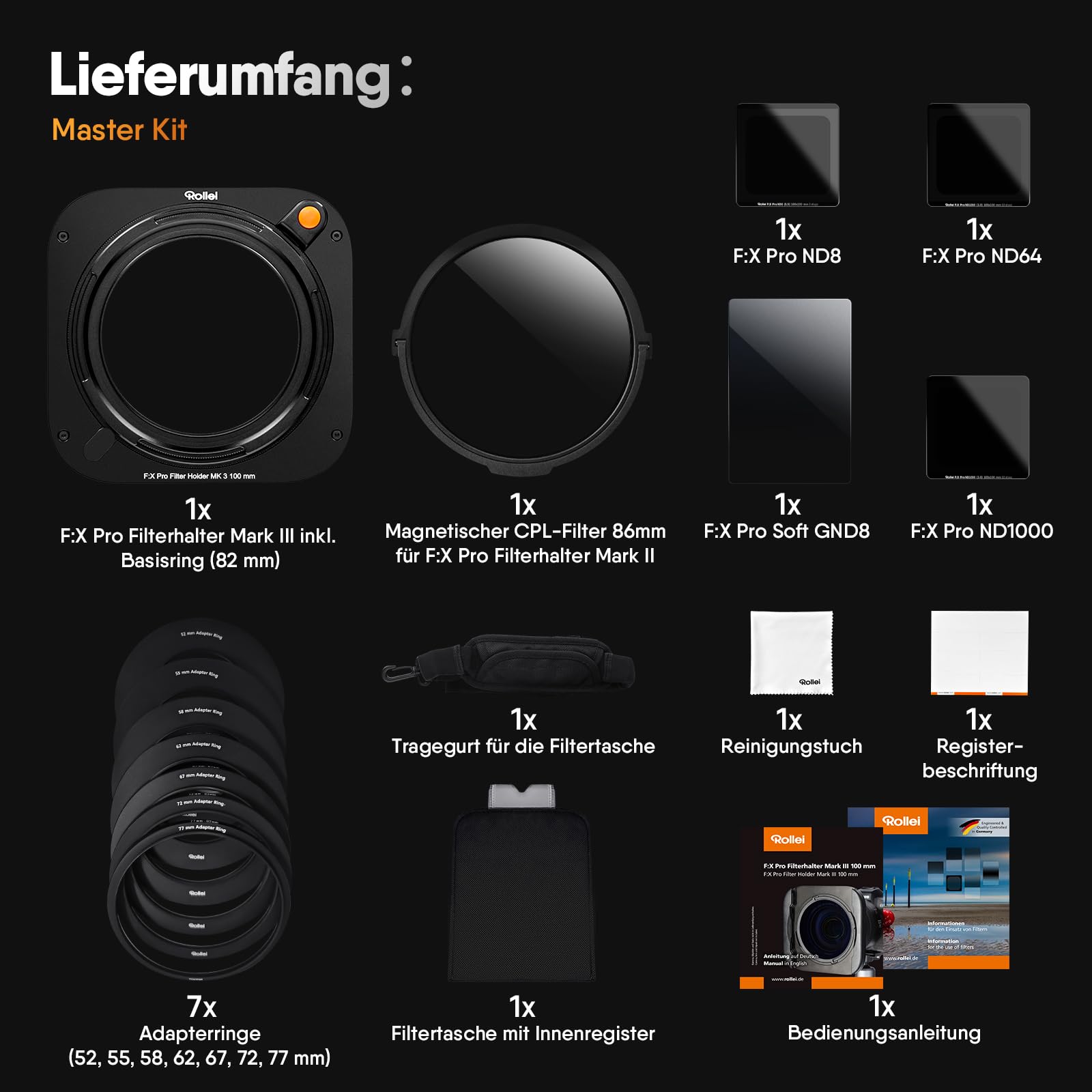Rollei Filterhalter Master-Set MK 3. Rechteck-Filterhalter inkl. magnetischem CPL Filter, Adapterringen von 52 bis 82mm,Soft GND8-,ND8-,ND64-,ND1000