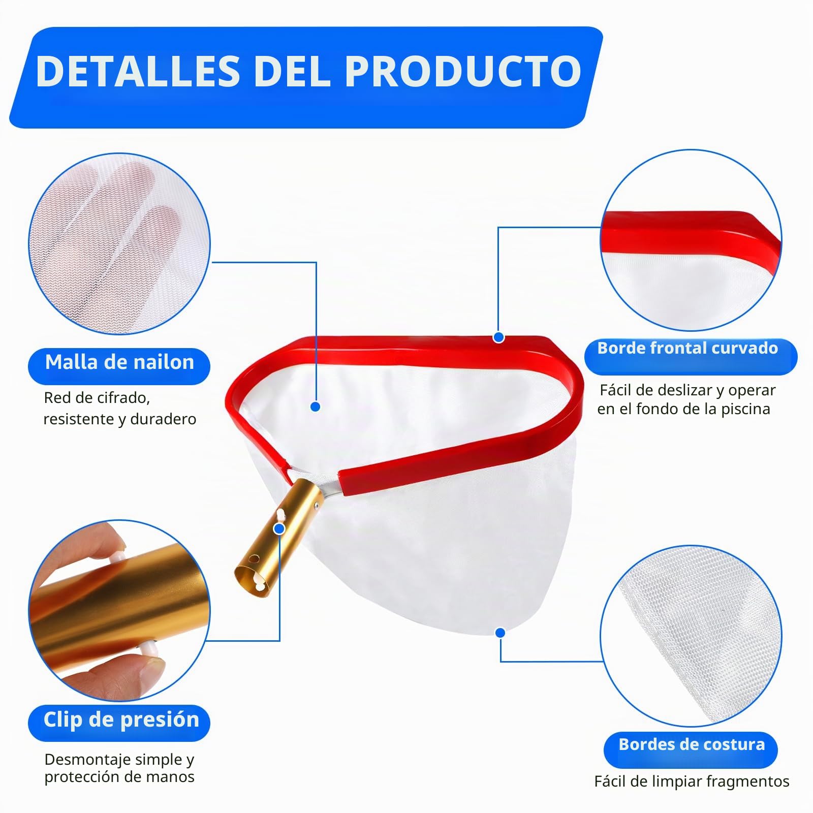 Recogedor para Piscina Red de Malla Fina para Algas Rastrillo de Superficie para Piscina, Red de Limpieza con Marco de Aluminio Rojo para Estanque, Piscina, Parque Acuático, Fuente (Sin Mango)