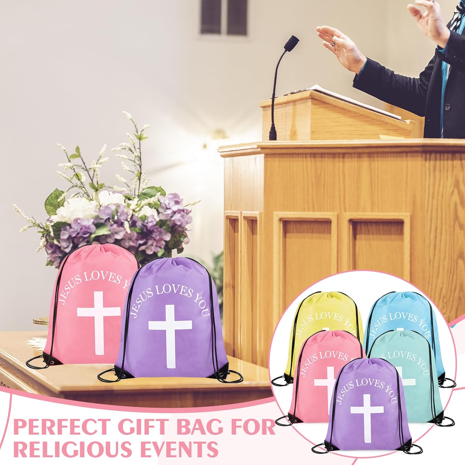 Jesus Loves You Drawstring Backpack Bulk Easter Church Gifts Christian Religious Gift Bag Polyester Backpack(Pastel Color,20 Pcs) - Image 5