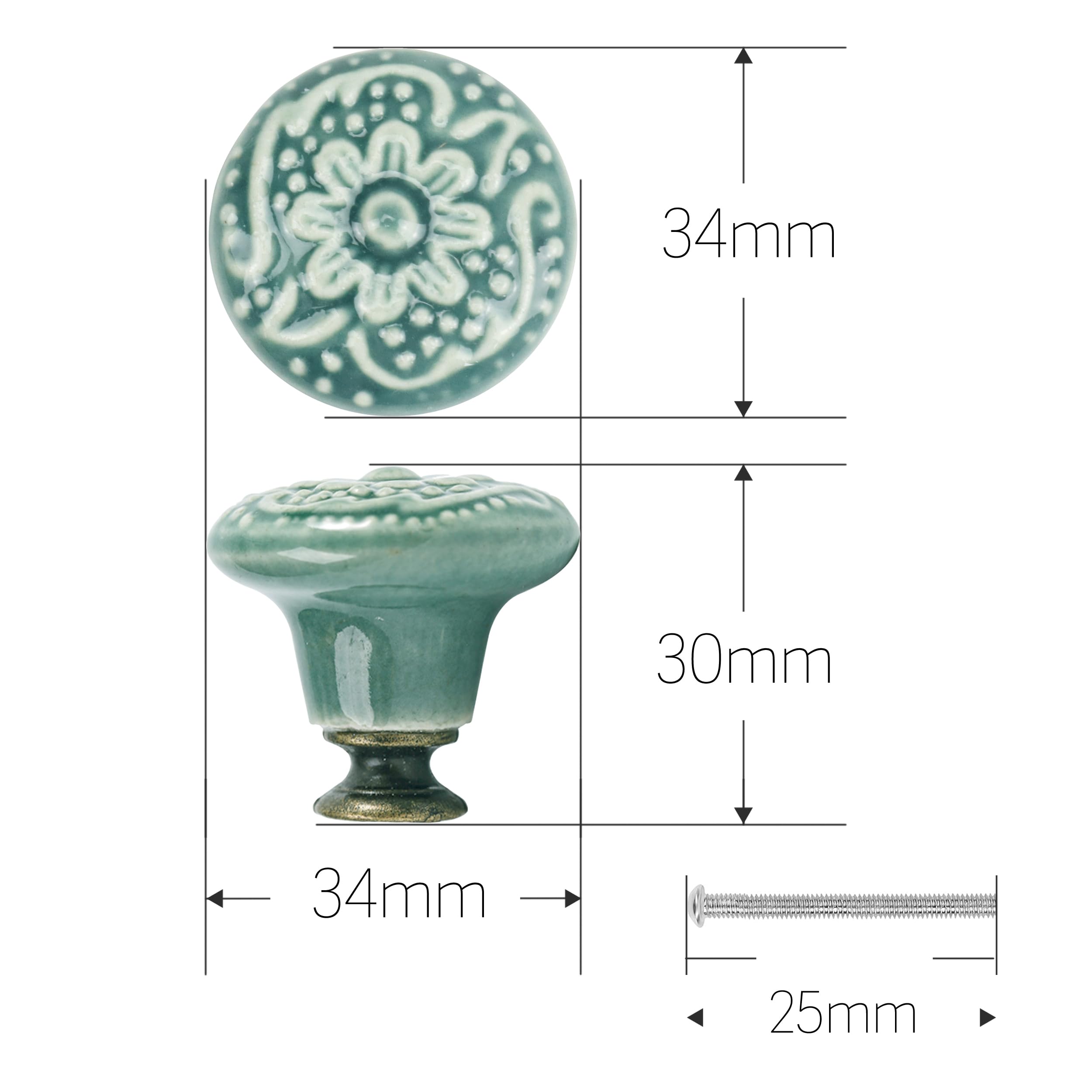 34mm Pomelli Rotondi in Ceramica Vintage - Maniglie per Mobili Casa Adatti a Cassettiere, Credenze, Armadietti - 12 Pezzi (Verde)