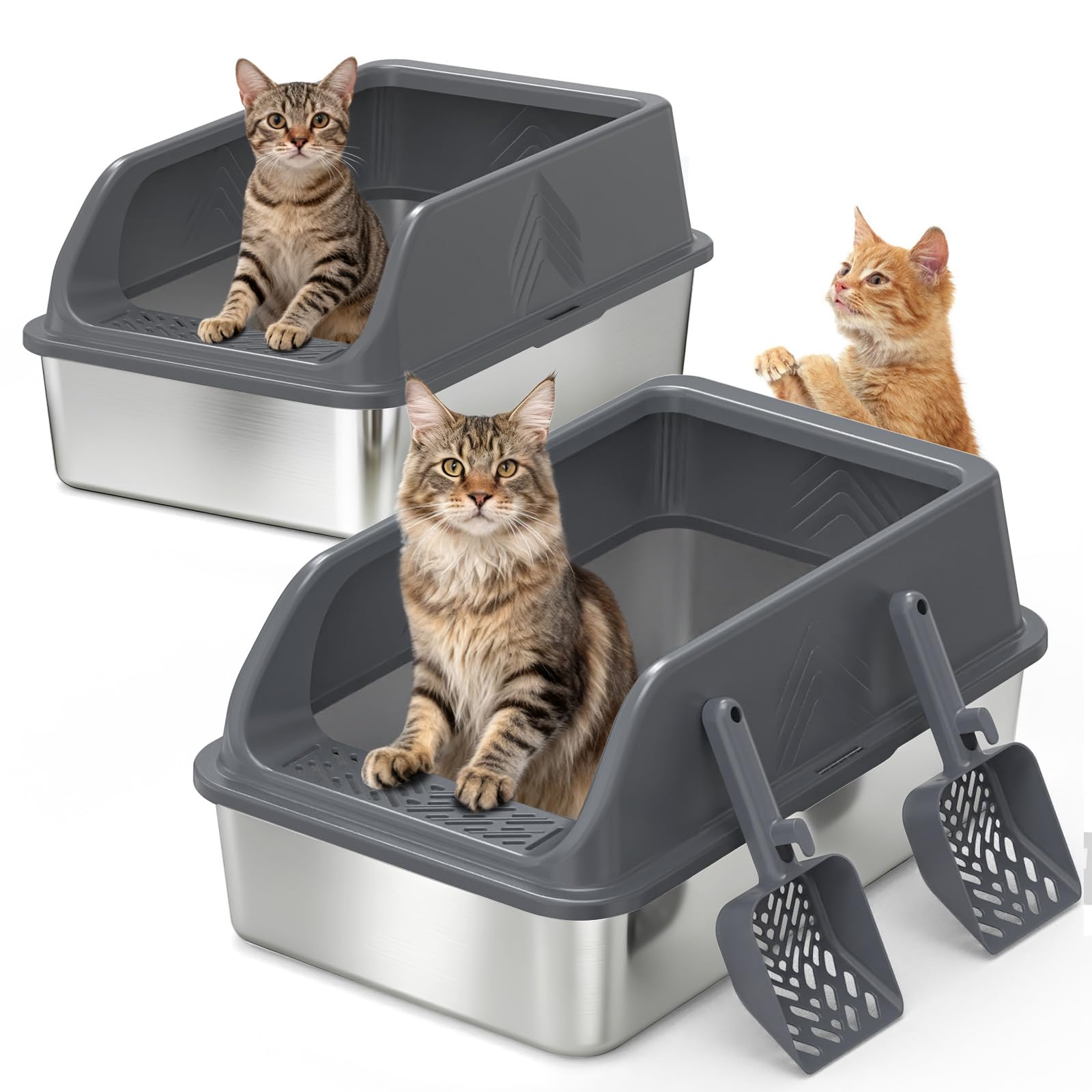 2 Pack Stainless Steel Litter Box with Lid, XL Metal Cat Litter Boxes High Sided Enclosed for Big Cat and Multiple Cats, Anti-Urine Leakage | Non-Stick Bottom & Includes Scoop