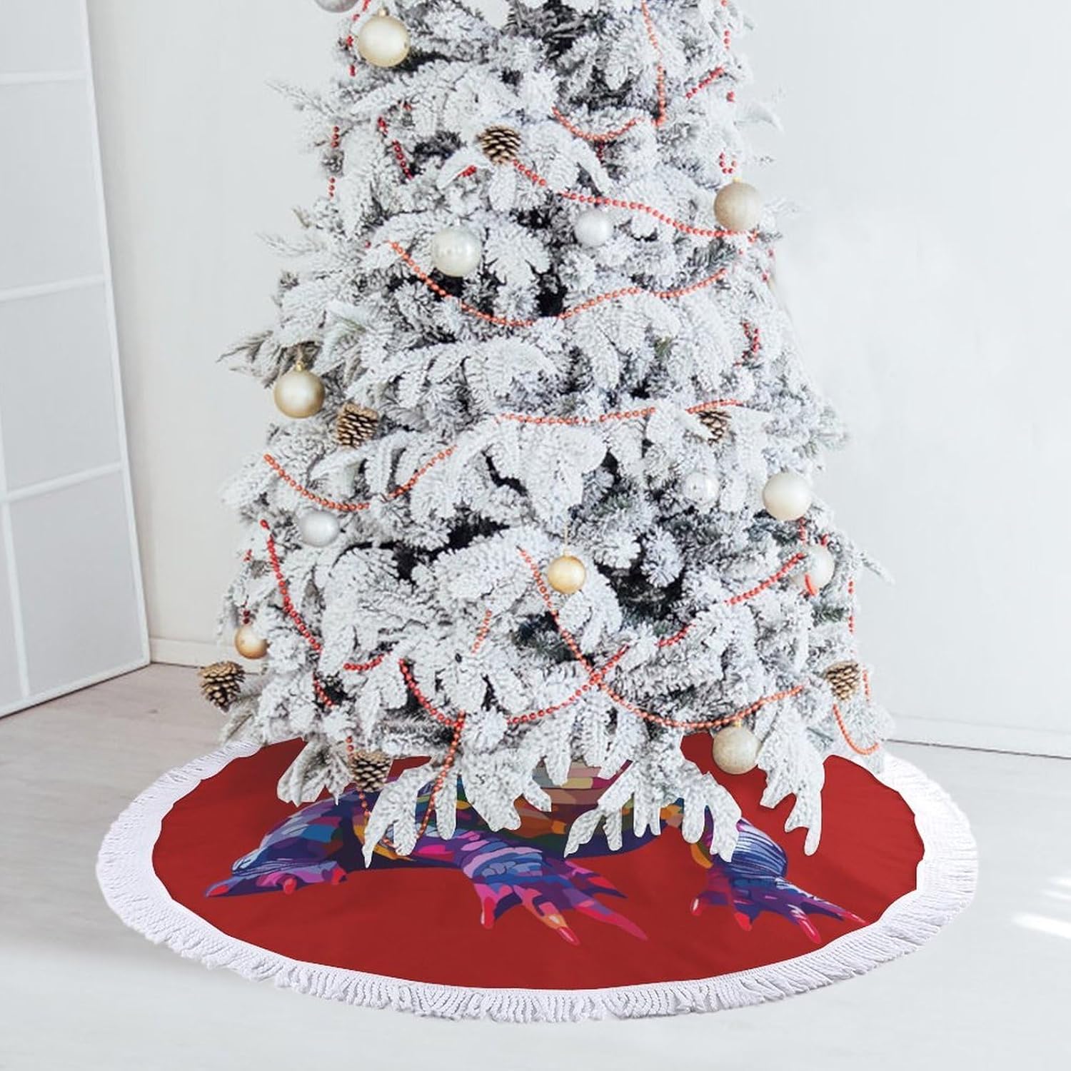 Colorful Psychedelic Crocodile Christmas Tree Skirt Round Xmas Tree Mat Ornaments Tree Skirts with Tassels for Holiday Party