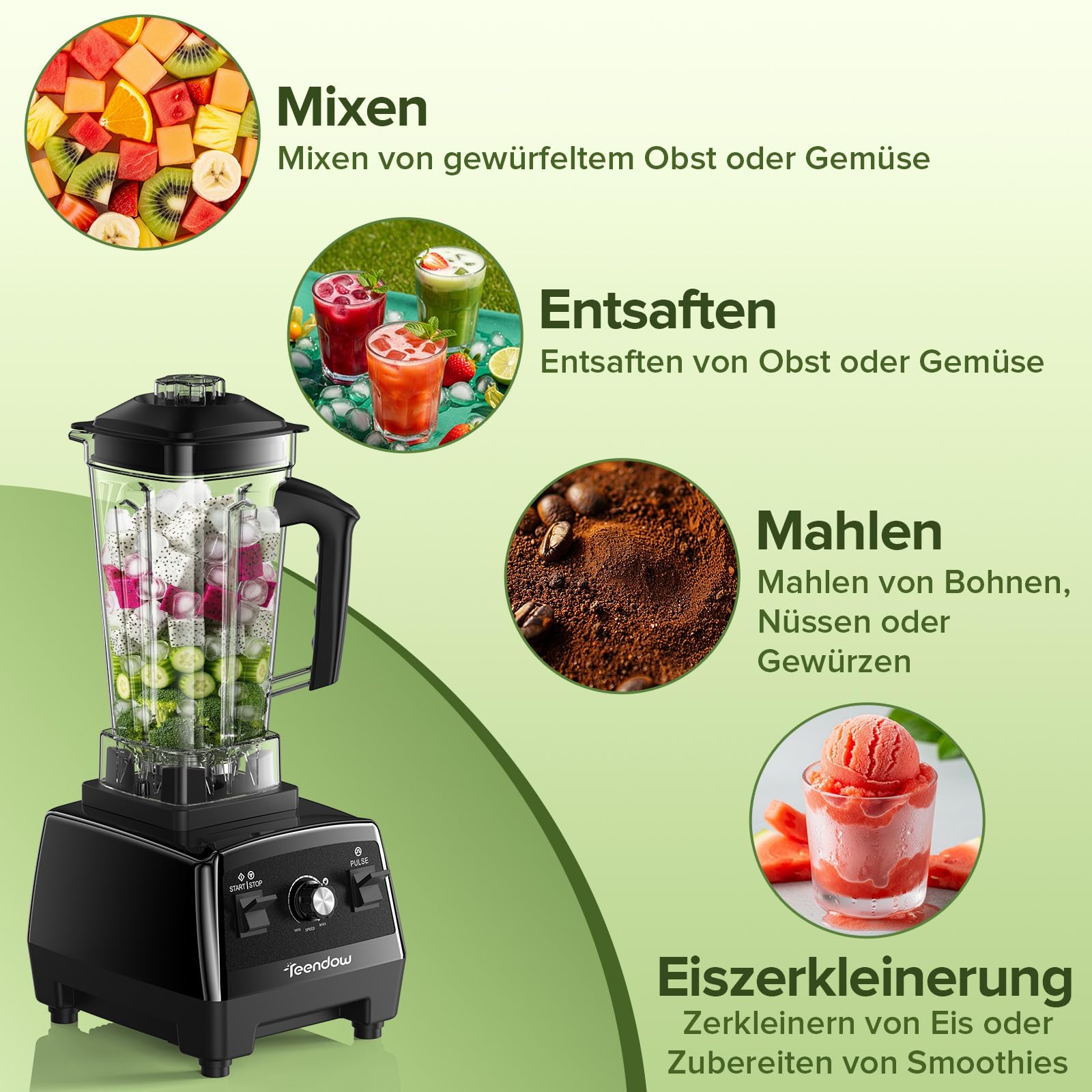 Teendow Hochleistungsmixer 1600W, Standmixer 2L mit Edelstahlklingen