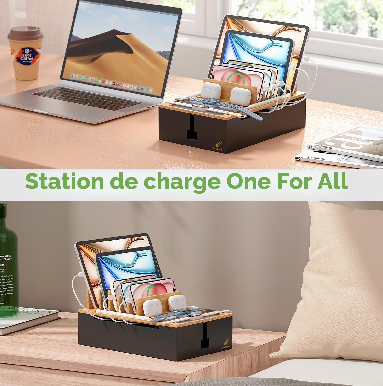 Pezin & Hulin Station de charge en bambou, organiseur d'appareils électroniques pour plusieurs appareils tels que téléphone portable, tablette, montre et plus encore, naturel + noir, (pas de chargeur
