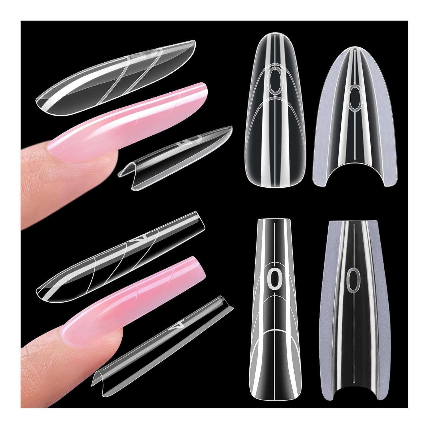 Gelike EC Dual Forms for Nail Extension: Almond ＆Coffin Sandwich Dual Forms Work with Builder Gel ＆ Polygel - 2 Shapes 240PCS 15 Sizes Reusable 50+ Times Clear Acrylic Molds Kit for Quick Manicure