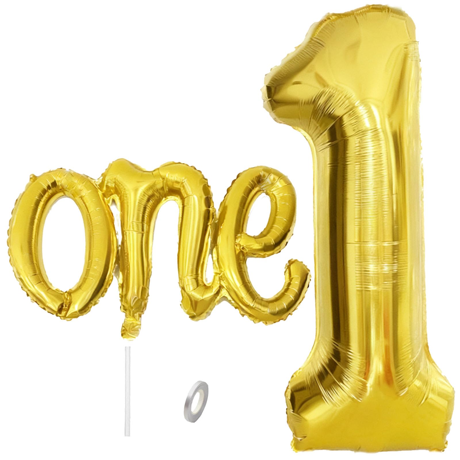 WEILINZHOU 2Pcs Gold One Balloon Set, 40inch Large Foil Gold Number 1 Balloon and 26inch Script Letter One Banner for Boy or Girl 1st Birthday