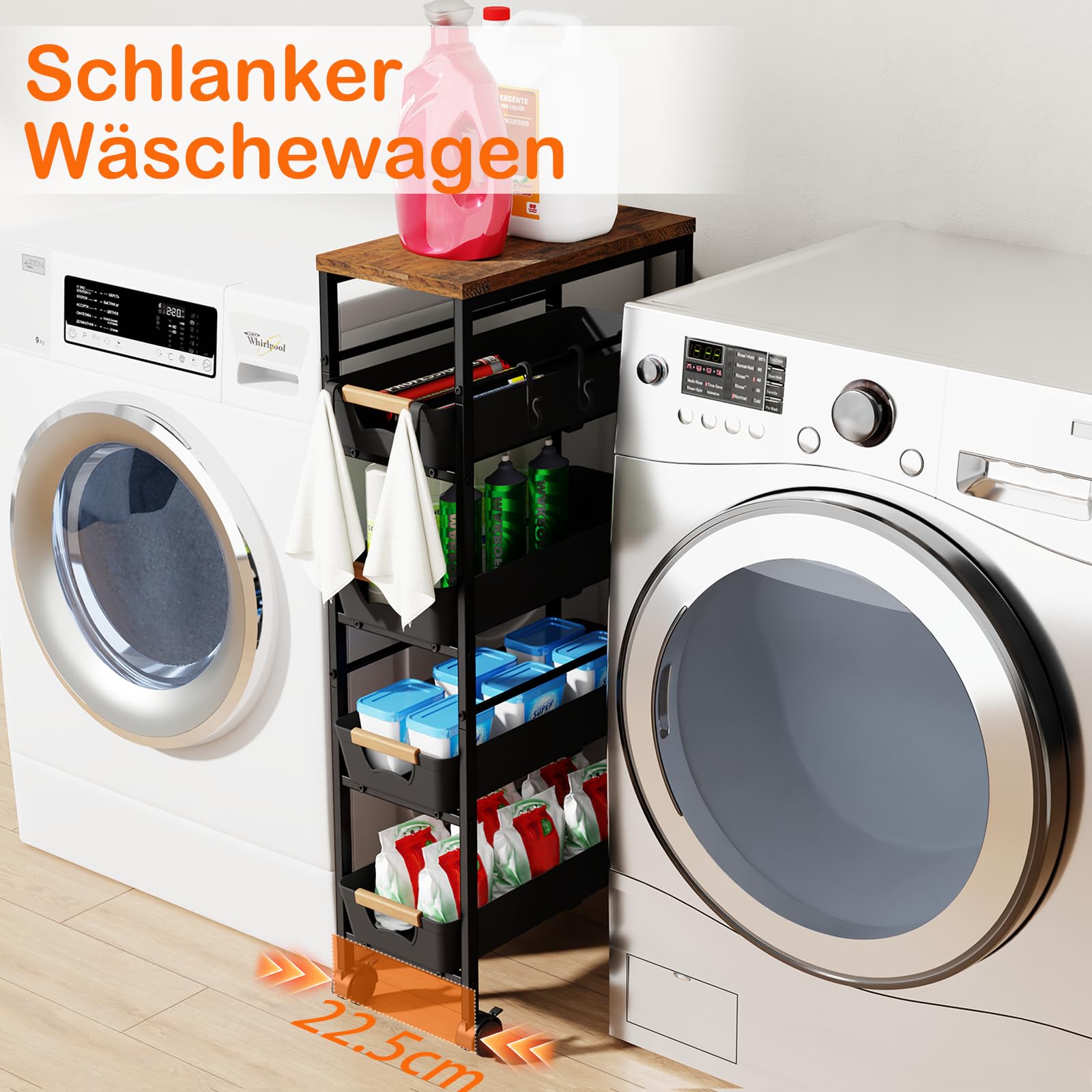 5-étagiger Schmaler Aufbewahrungswagen mit Holzplatte, Rollender Küchenwagen mit Ausziehkörben & Rädern, Schmaler Organizer Schubladenwagen mit Auszug für Küche, Bad, Waschküche, Schwarz