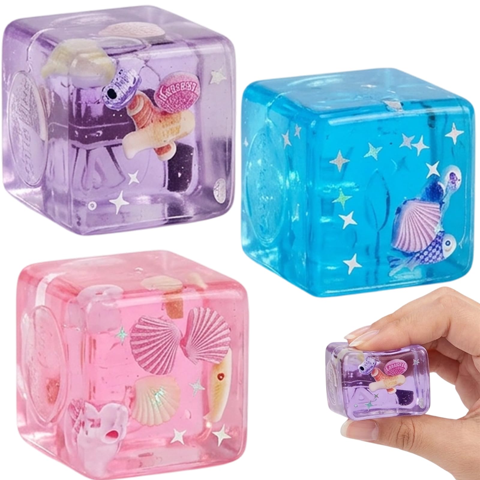 3 PCS Multicolor Squishy Cube Set, Ocean Shell Squishy Cube, Portable Pocket Hand Decor, Stylish Desktop Adornment Suitable For Daily Indoor Outdoor Leisure Use And Personal Space Decoration