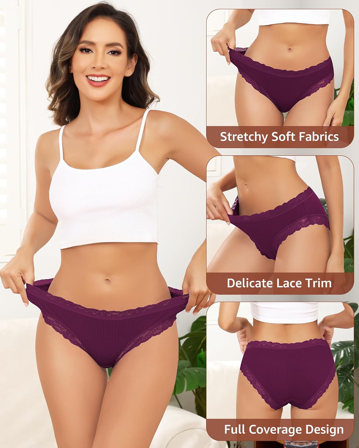 LEVAO Cotton Underwear for Women Lace Cheeky Bikini Panties Full Coverage Soft Stretch Hipster Ladies Briefs 6 Pack S-XL - Image 3