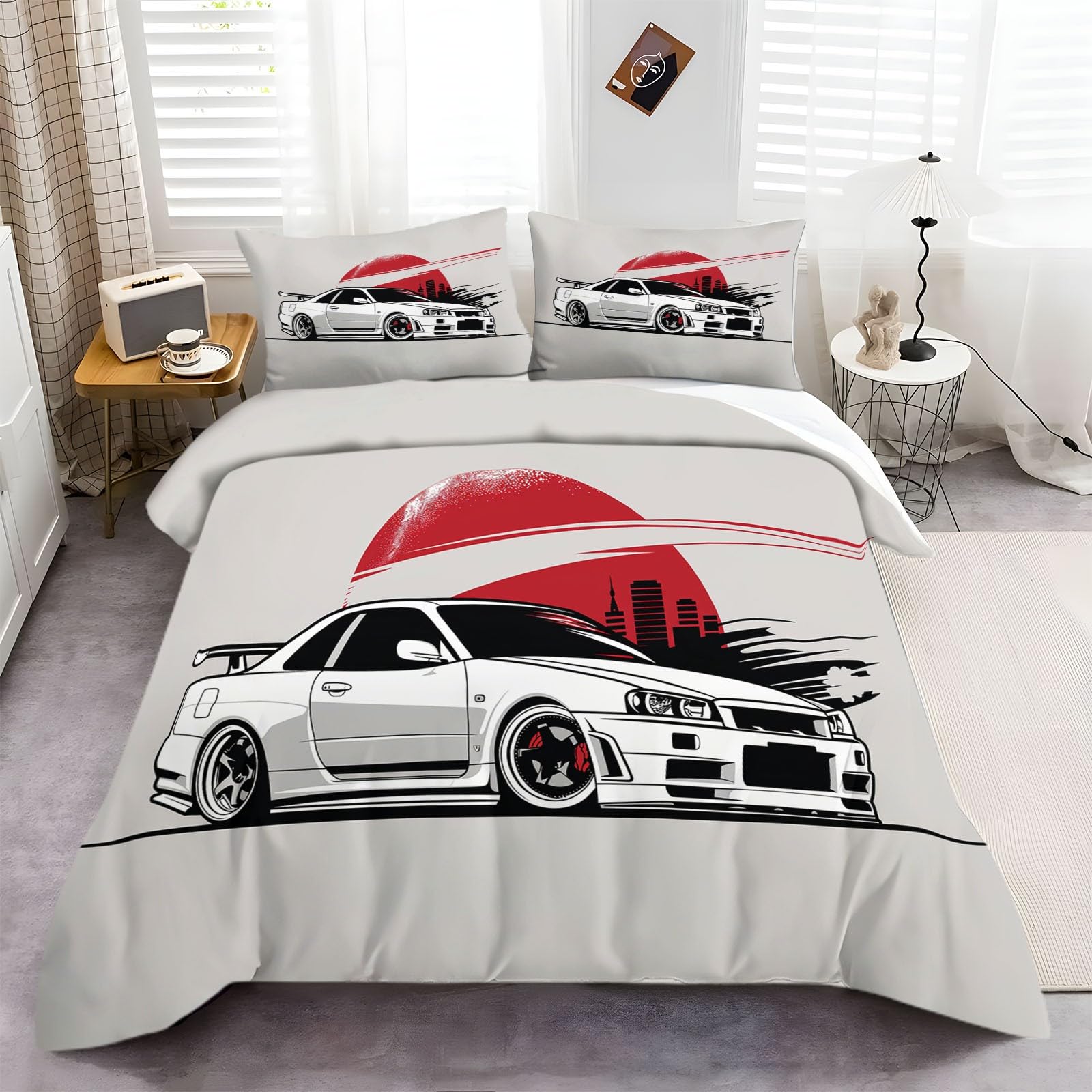 Juego de Ropa de Cama Funda Nordica para Cama 150 Estilo Japonés Coche Deportivo Blanco 3 Piezas Juego de Cama Cremallera Funda de Almohada 220x240 cm Poliéster Algodón