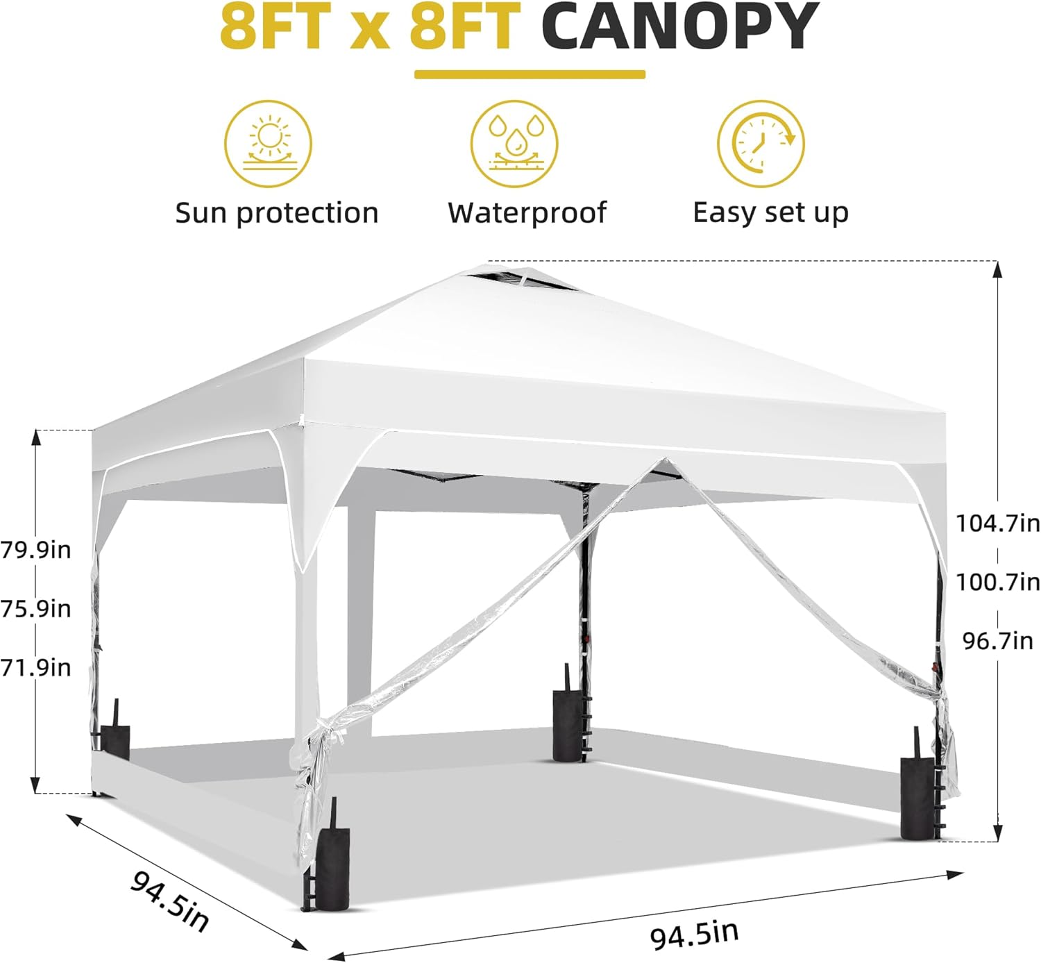 Saemoza 8x8 Pop Up Canopy Tent with One Push Setup, Outdoor Sun Shade Canopy for Backyard Party, Easy Up Instant Shelter with 4 PVC Transparent Sidewalls, 4-Sandbags & Hand Bag, White.
