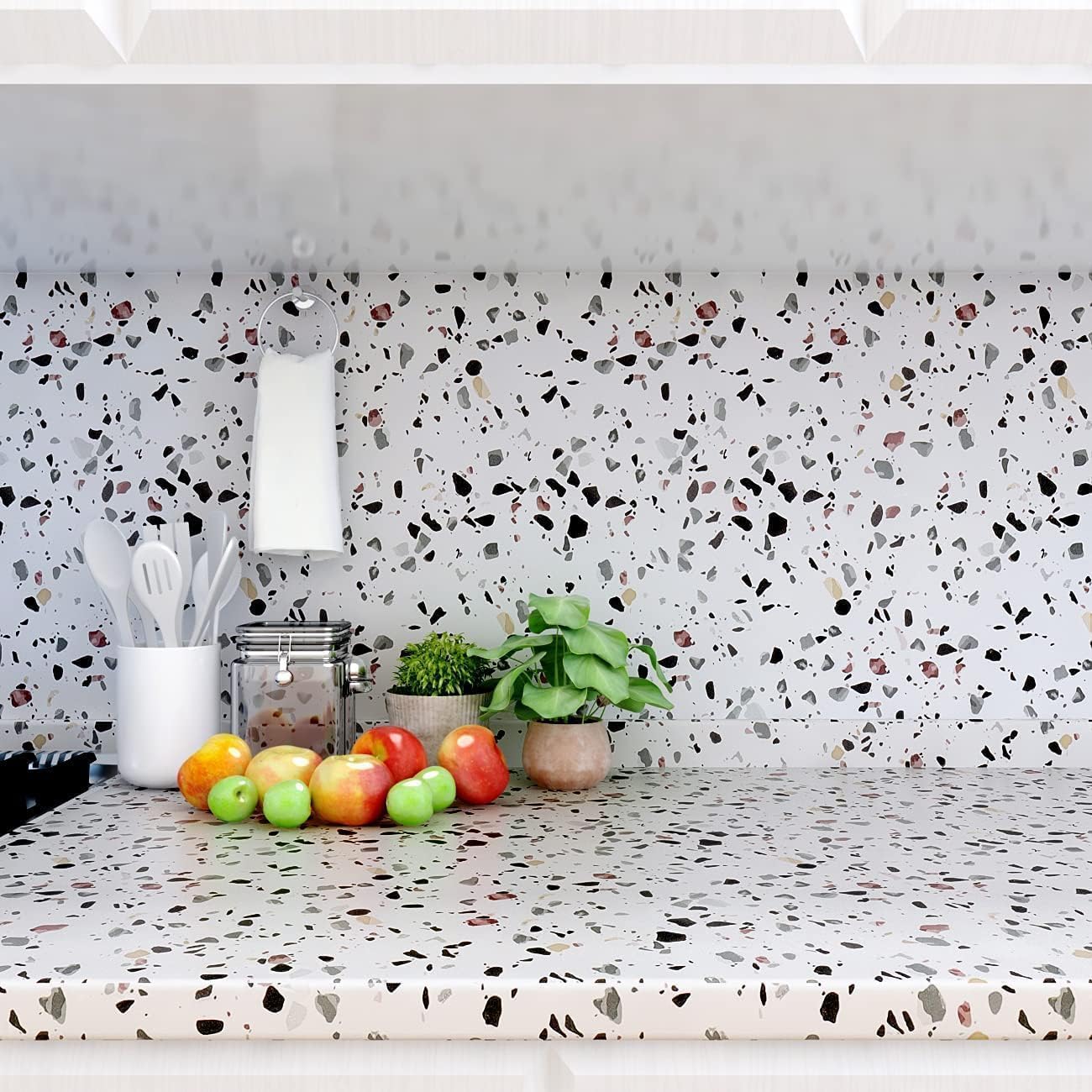 Decotalk Carta da Parati Effetto Terrazzo Bianco Moderna 90X300cm Pellicola Adesiva Per Mobili Bianco Decorazione Parete Rivestimento Adesivo Per Piano da Cucina Armadio Adesivo Vinile Impermeabile