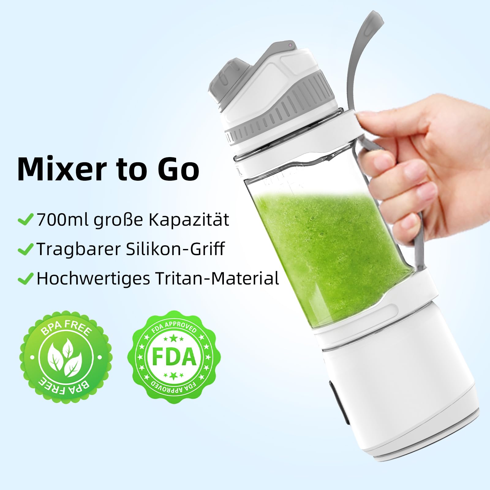 DENOKIN Mixeur portable avec couvercle à boire, 700 ml, mini blender pour les déplacements, rechargeable avec USB-C, appareil à smoothie sans fil à emporter pour smoothies, shakes