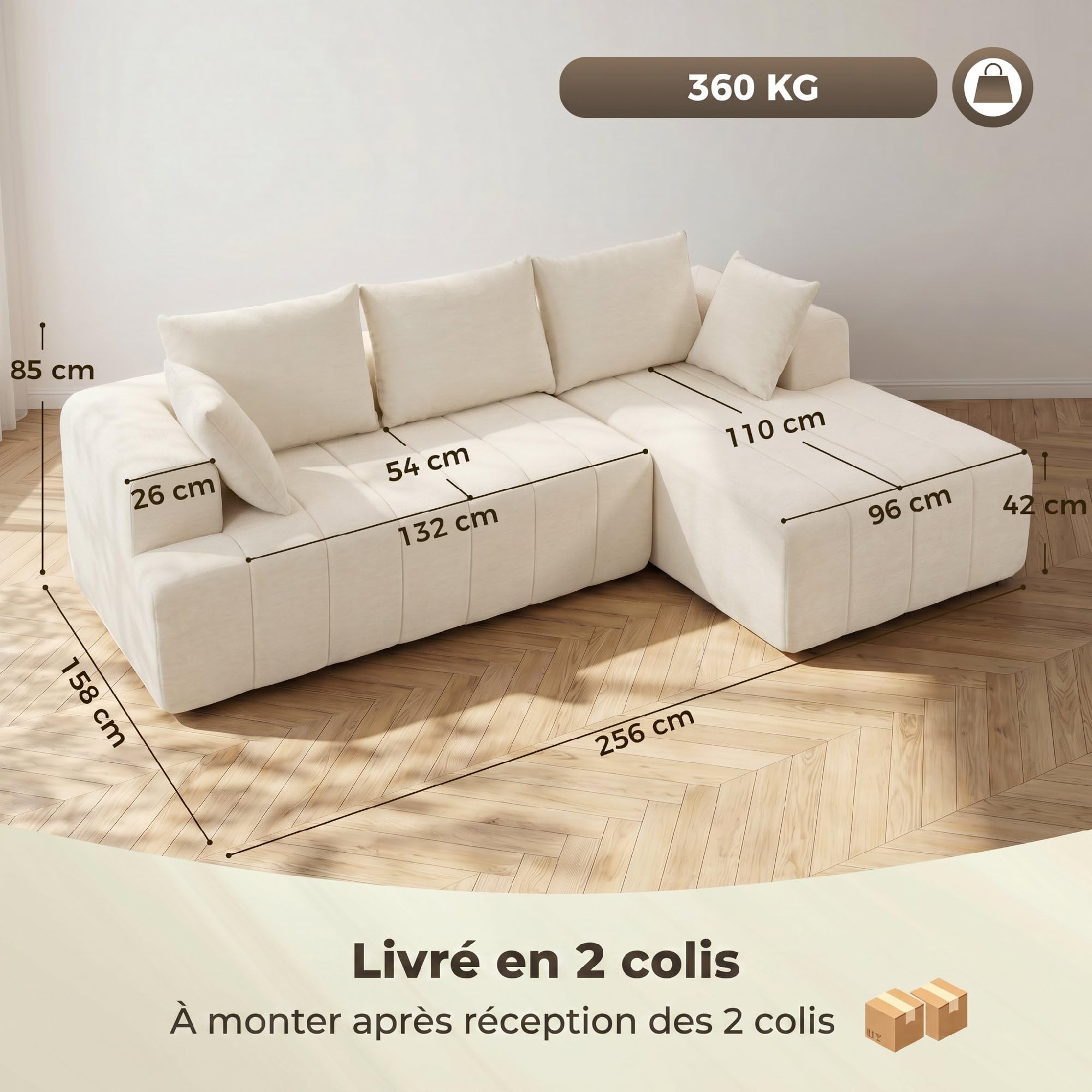 HOMCOM 101" Sofá seccional con Chaise Longue, Chenille, 3 plazas, Beige