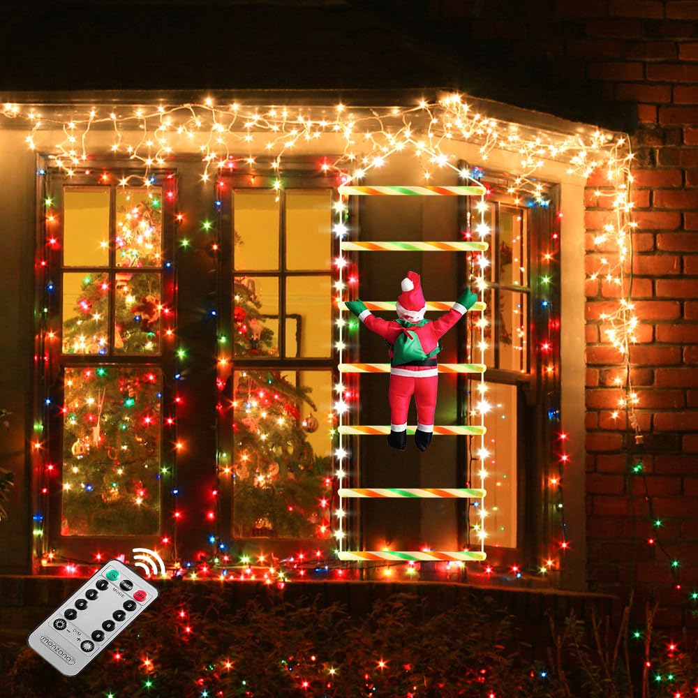 KUWUNG Guirnalda de Luces LED con Escalera de Papá Noel, Luces navideñas de 75 cm, alimentadas con Temporizador, decoración navideña de Papá Noel trepador para Interior, Exterior, árbol de Navidad