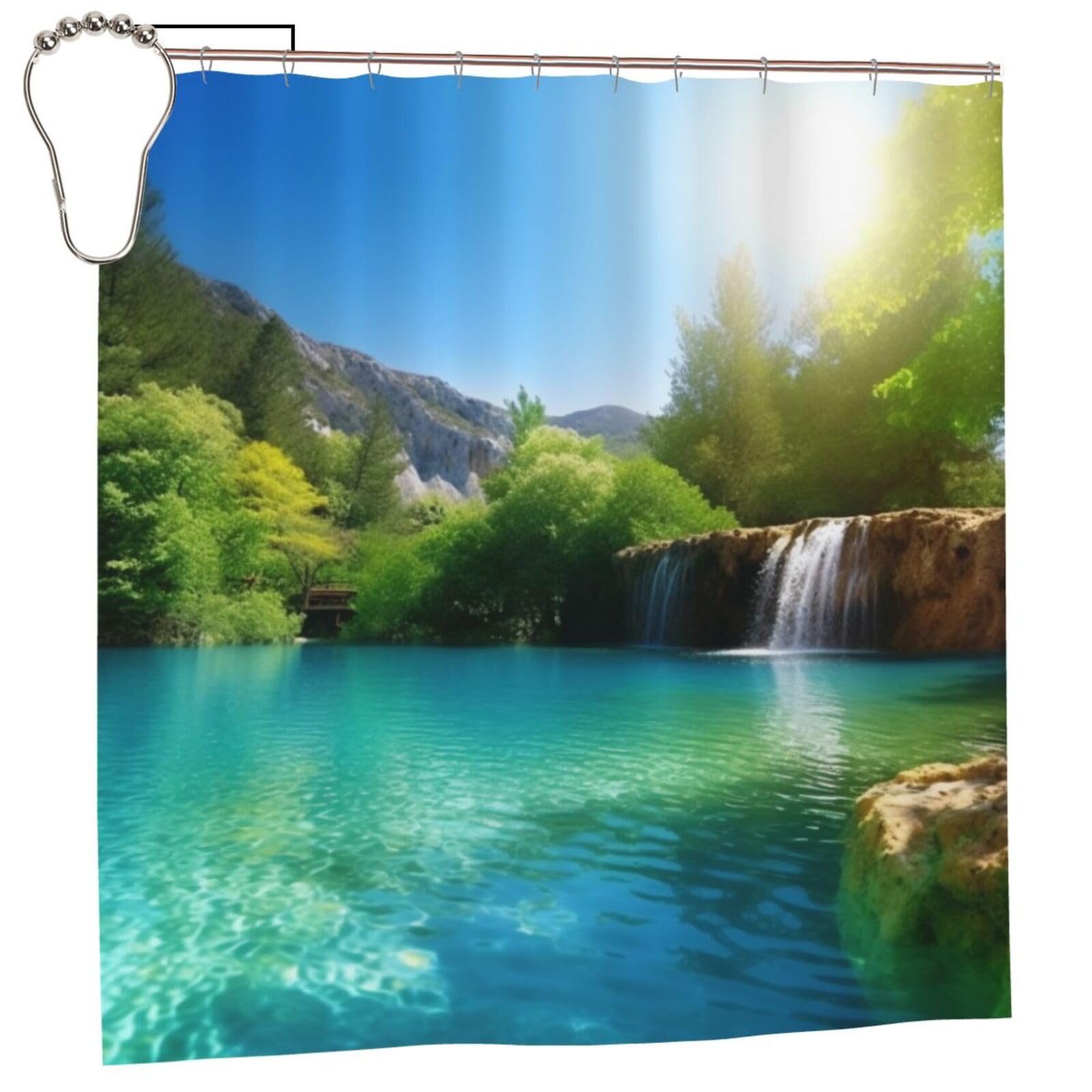 BWWHCCTI Beautiful Pool Lake Printed Shower Curtain With 12 Iron Hooks Opaque Quick Drying Waterproof Shower Curtains Sets For Bathroom 183x183 CM