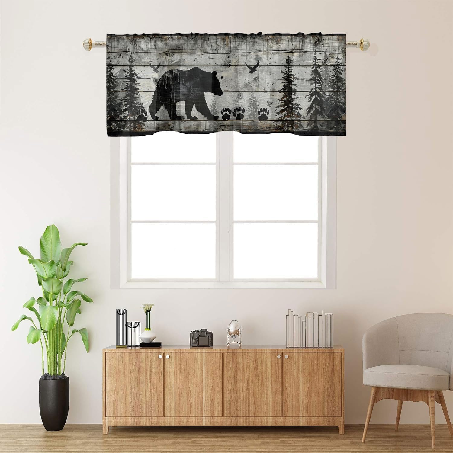 Rustic Cabin Bear Window Curtain Valances Wildlife Vintage Wooden Board Forest Tree Camping Country Thermal Insulated Rod Pocket Short Curtain Valance for Kitchen Dining Room 54 x 18 Inch, 2 Panel