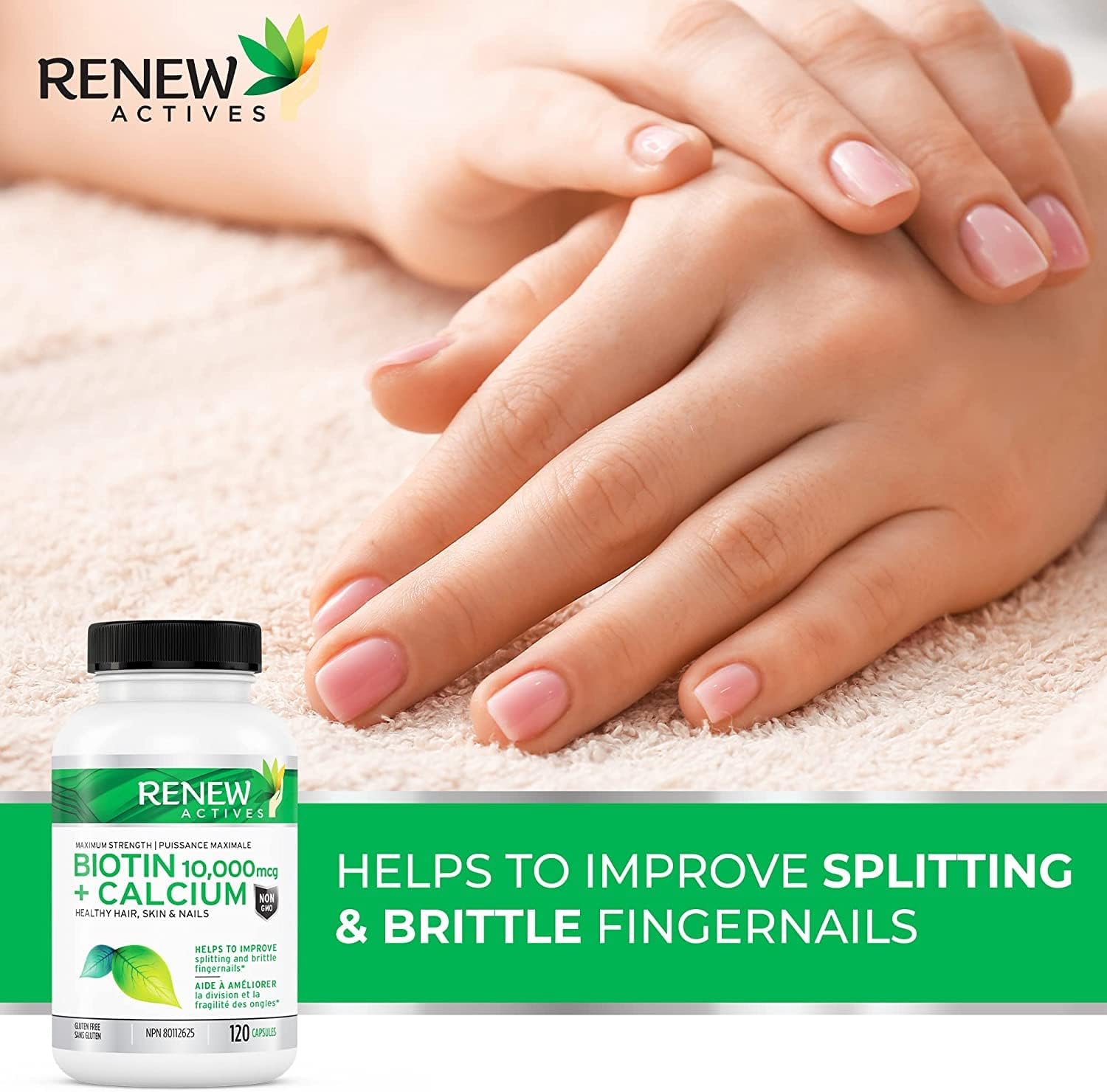 New! Renew Actives Biotin & Calcium 10000mcg Supplement! Potent Biotin for Healthy Hair Skin & Nails! - Added Calcium for Stronger Bones Joints, and Teeth - 120 Vegan Capsules. Made in Canada! : Health & Household