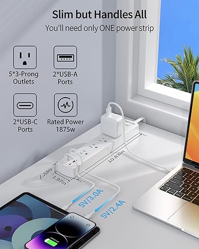 Miniatura 2 de Regleta protectora contra sobretensiones con 5 salidas de CA (1875 W15 A), 4 puertos USB (2 USB C), cable de extensión ultrafino de 5 pies, enchufe